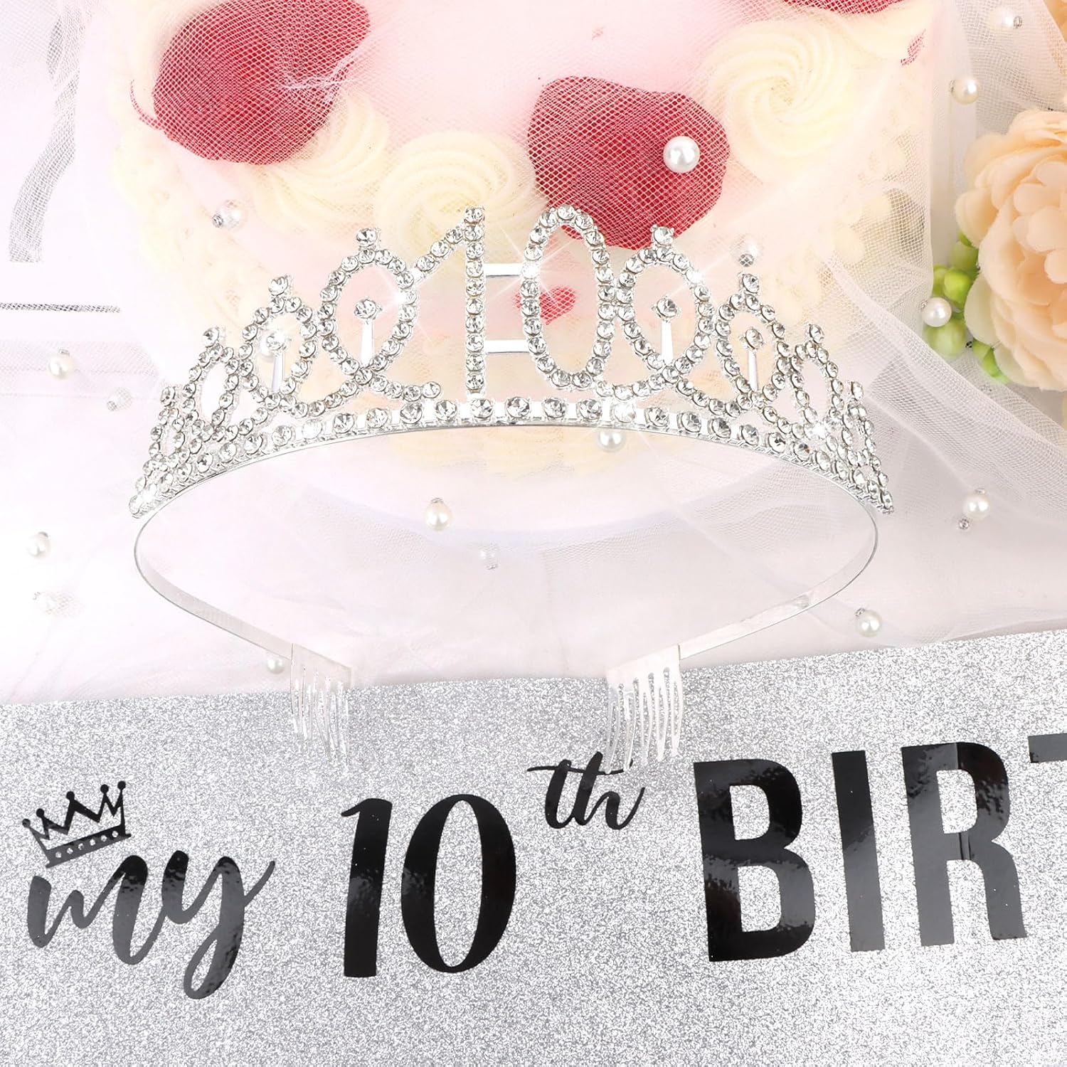 Semato 10th Birthday Decorations for Girl Sash and Crown Kit Silver 10 Year Old Girl Birthday Gifts for Her Party Supplies