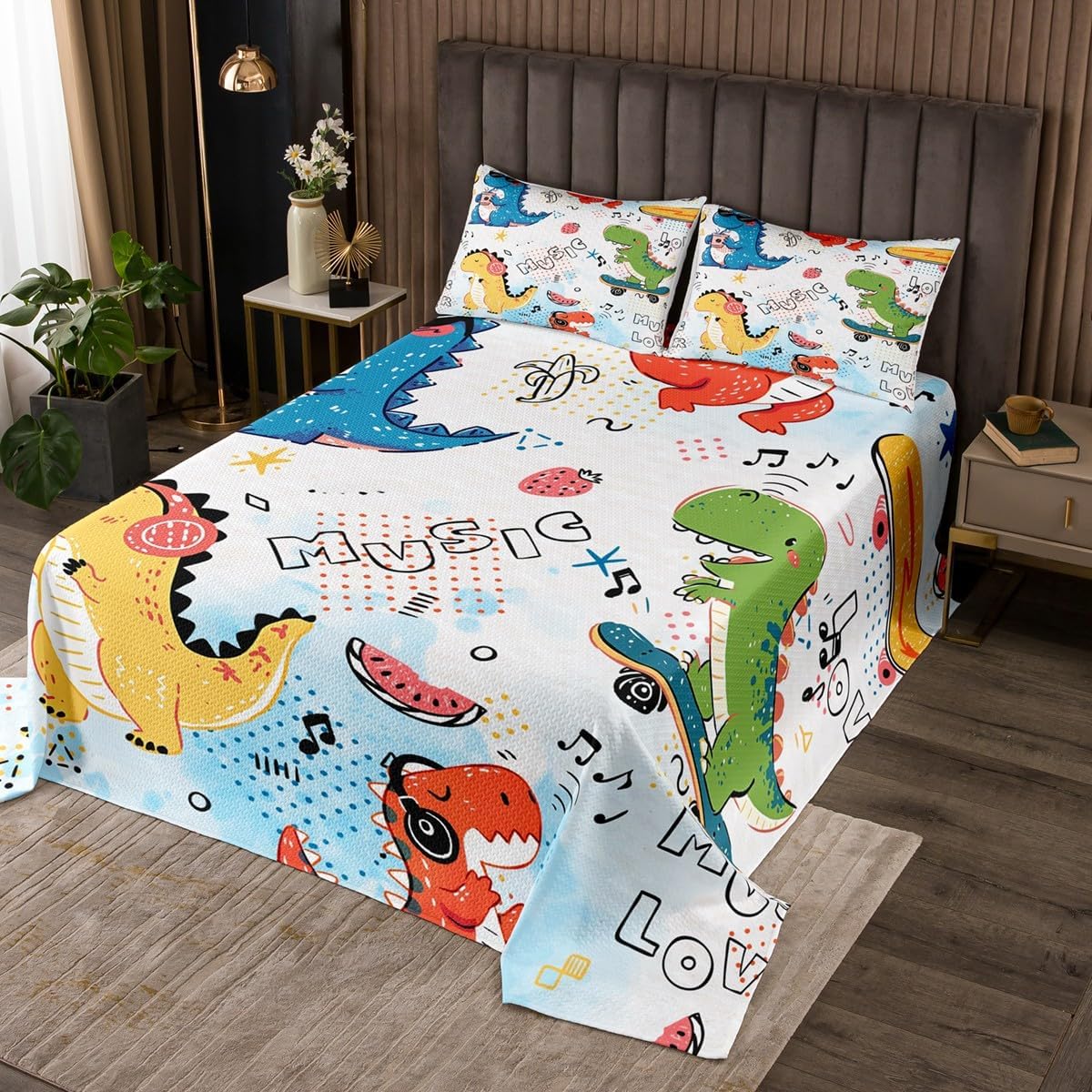 Homewish Cartoon Dinosaur Bedspread Twin Size,Skateboard Dino Comforter Set Music Lover Bedding Set 2Pcs for Kids Boys Teens Room Decor,Watercolor Graffiti Animals Coverlet Quilt,1 Pillowcase