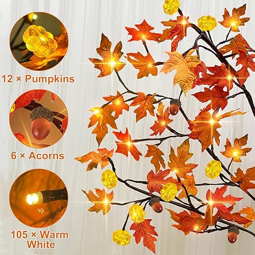 Miniatura 3 de Decoración de árbol de arce de otoño preiluminado de 6 pies de alto, 117 LED con 12 calabazas, bellota y temporizador, 8 modos intermitentes,