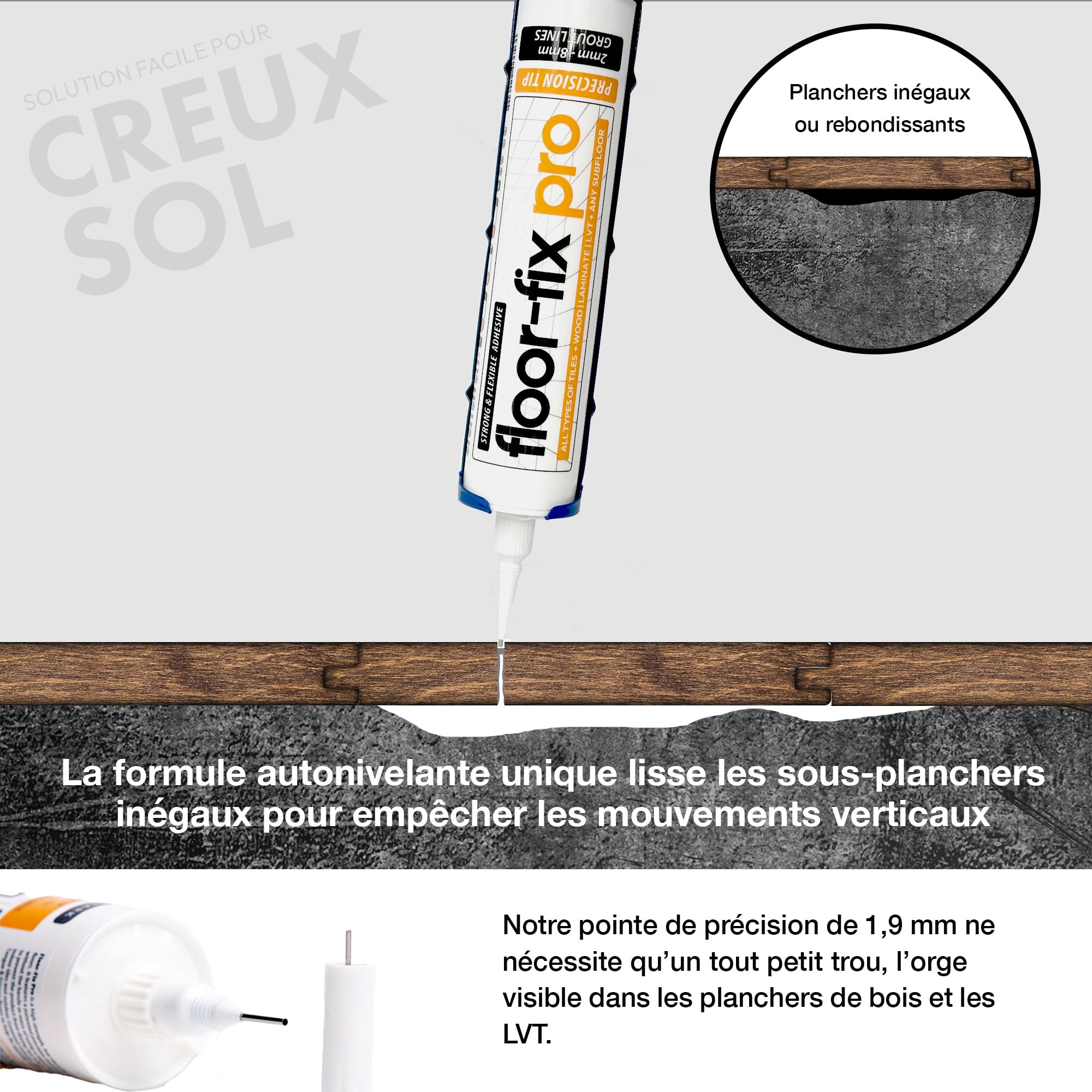 Colle Carrelage et Parquet | Fixation Rapide et Durable | Embout Seringue Intégré | Idéal pour Carreaux Français | Répare Sols, Transparent, Taille 1, Co-Polymer