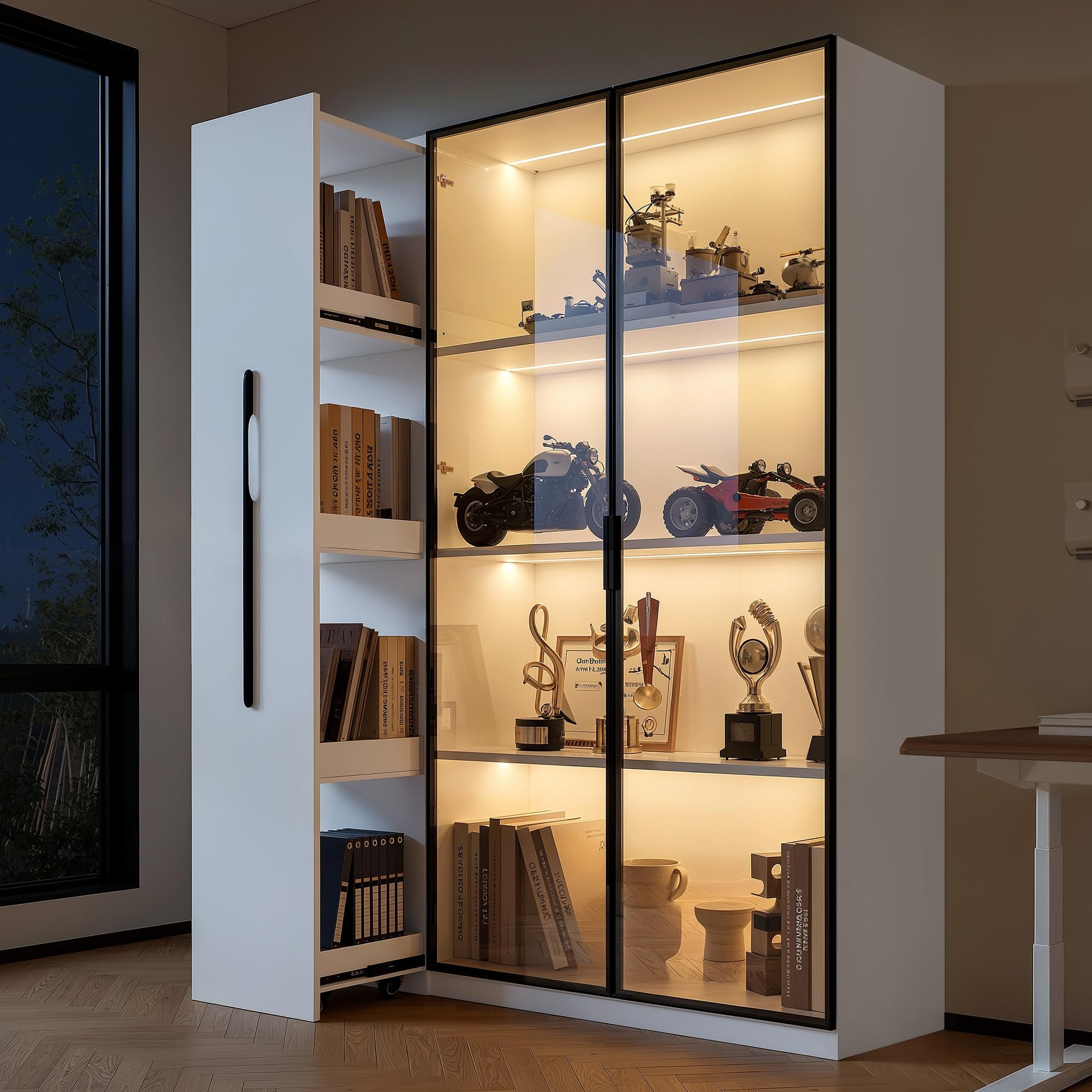 Merax Vitrina de 110,5 × 35 × 160 cm, armario multifunción con puerta de cristal e iluminación LED, cajón lateral con espacio de almacenamiento, armario alto de estilo francés, adecuado como