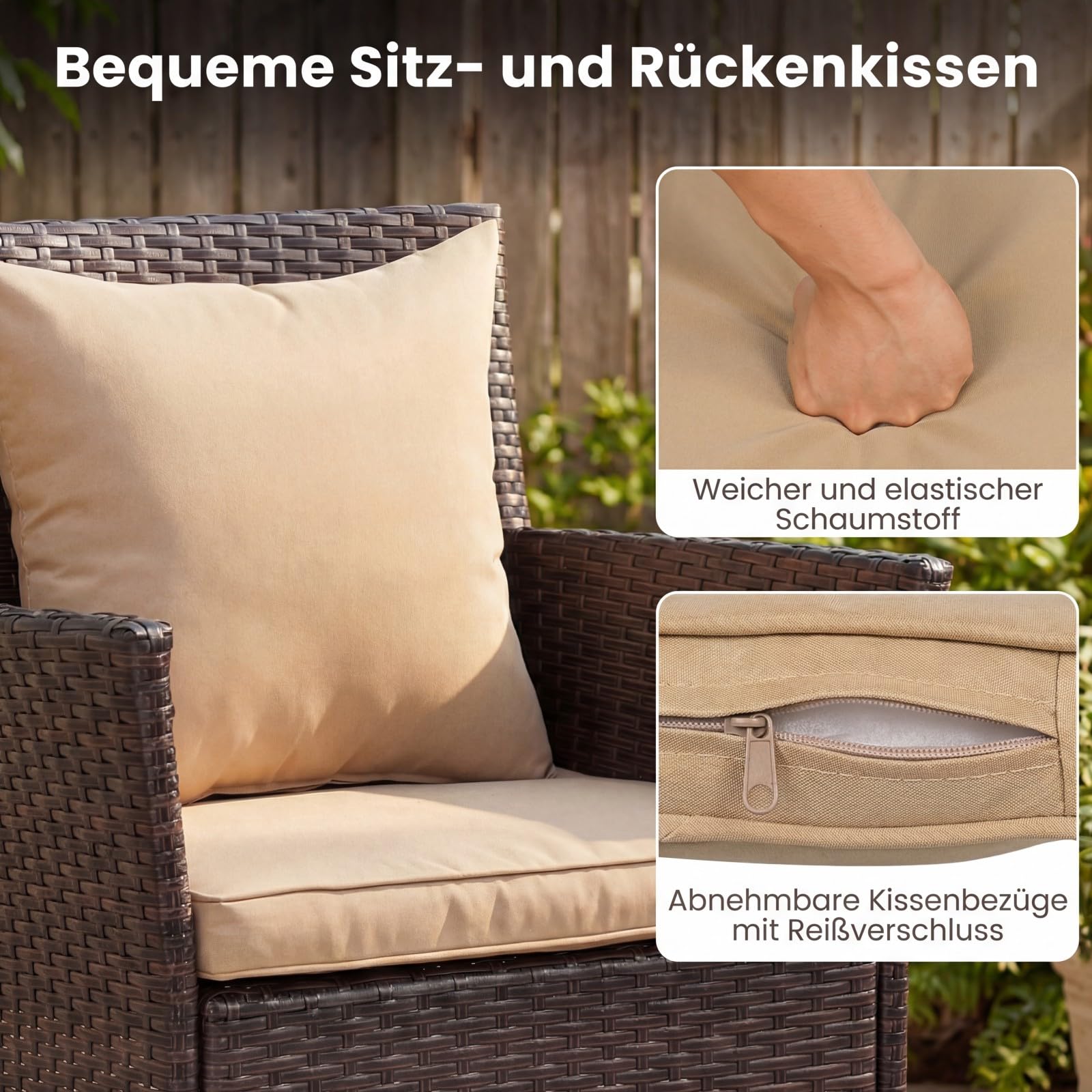 COSTWAY Rattan Gartenmöbel Set, Balkonmöbel Kleiner Balkon, Balkon Möbel mit 2 Sessel, Glastisch und Kissen, Gartenlounge 2 Personen, Sitzgruppe für Garten, Veranda, Poolbereich (Mix Braun+Beige)