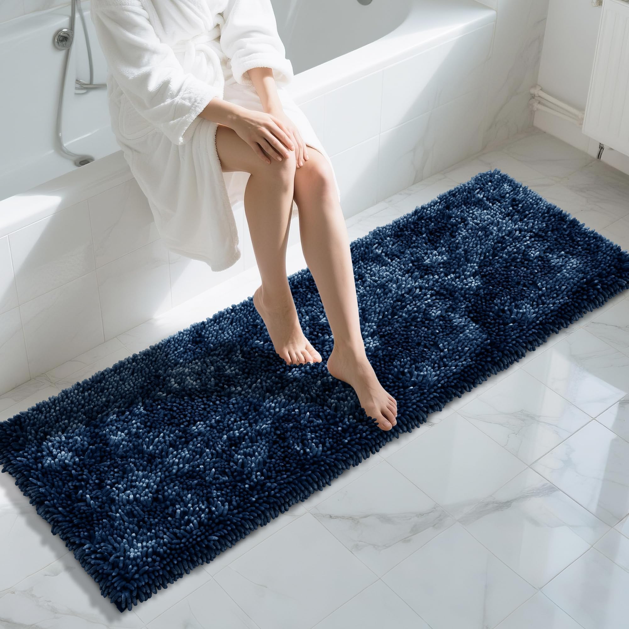 Yimobra Long Bathroom Rugs Runner 70x24 Inch, Extra Thick Soft Absorbent Chenille Bath Mat, Non Slip Machine Washable, Quick Dry Bath Rugs for Bathroom Floor, Tub and Shower, Blue