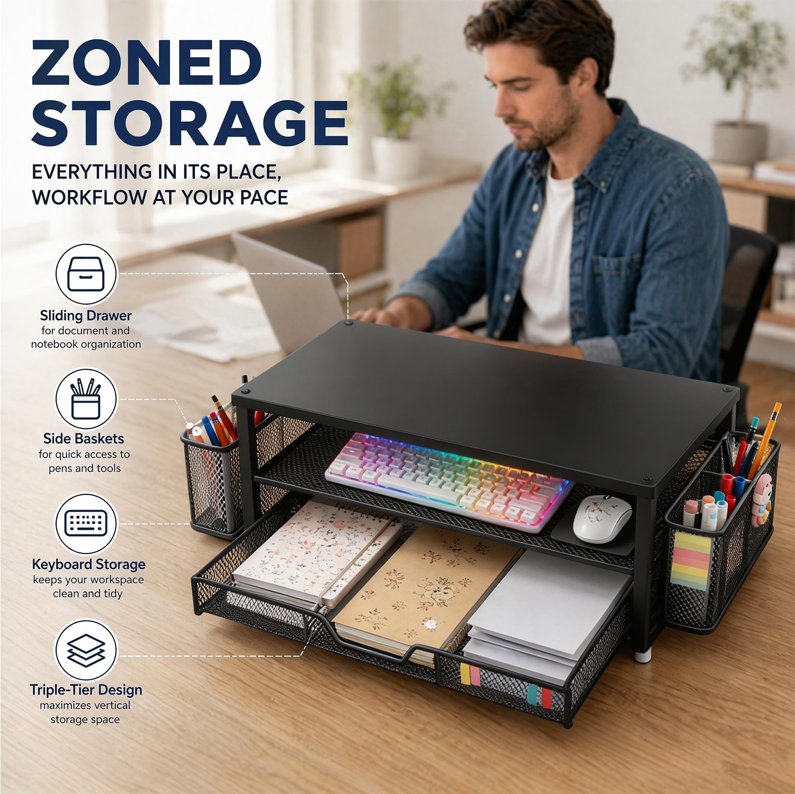 Rialzo per monitor, supporto ergonomico per monitor con cassetto e 2 portapenne, organizer da scrivania per schermo laptop, supporto da scrivania come accessorio da ufficio per postazione di lavoro e