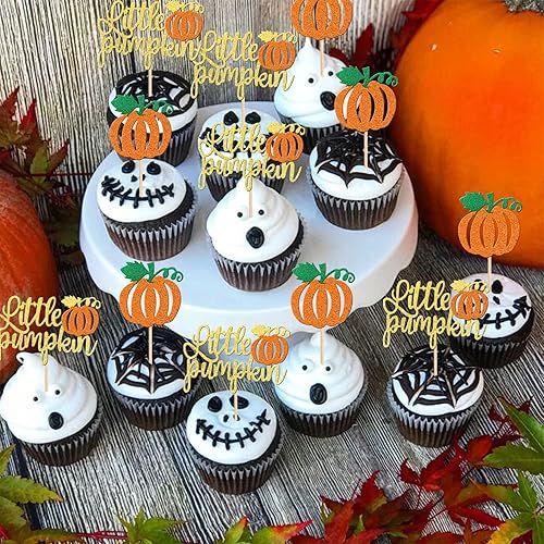 Miniatura 3 de 24 adornos para cupcakes de calabaza con purpurina para baby shower, temática de otoño, decoración de pastel de calabaza para Acción de Gracias,