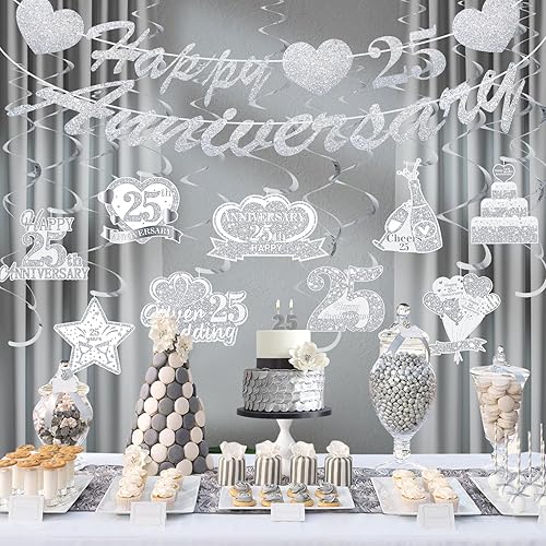 Miniatura 2 de Decoraciones de aniversario de boda con el número 25 de plata y espirales colgantes para decoraciones de fiesta de boda plateadas