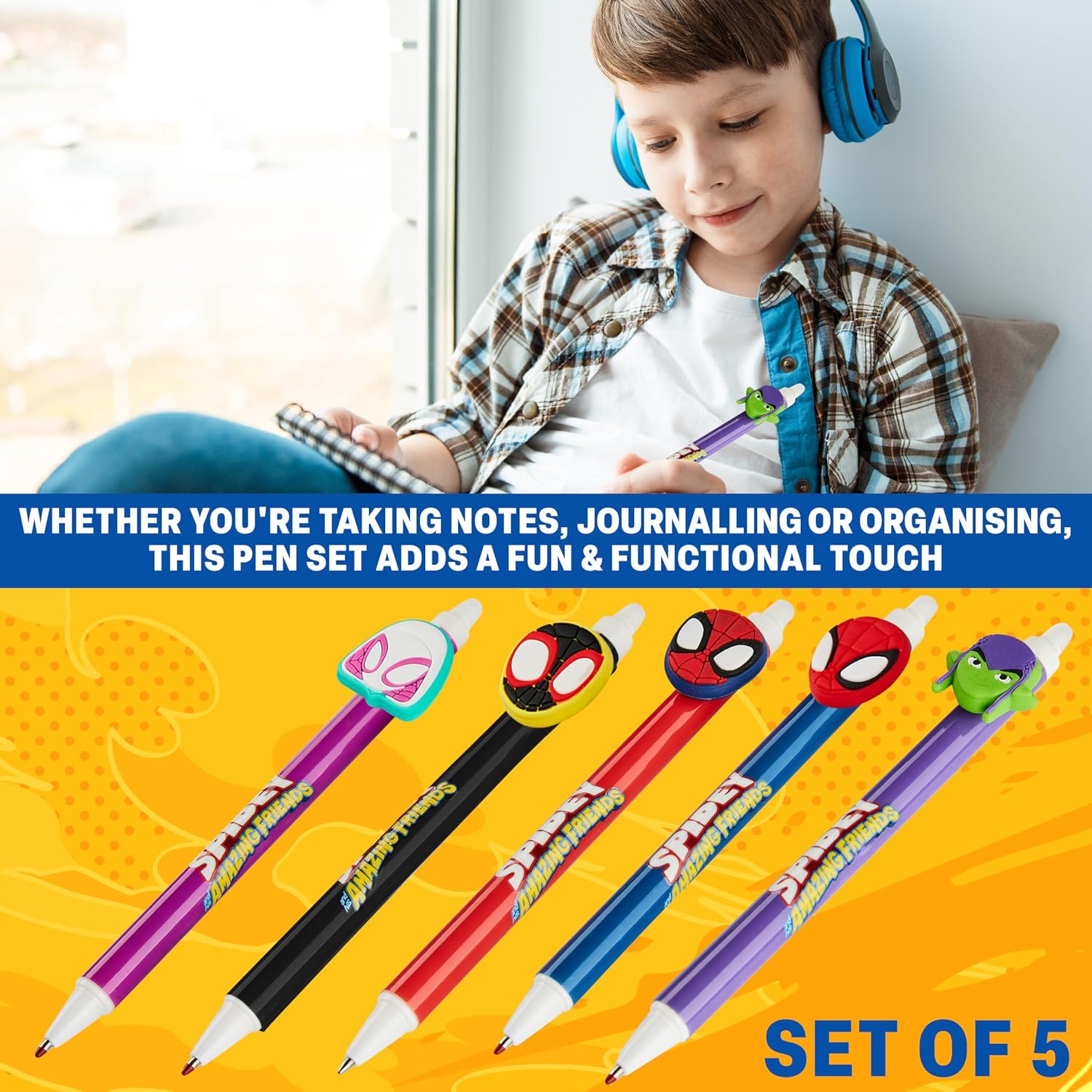 Get Trend Marvel Spidey 5pcs Erasable Gel Ink Pens Cute Writing Pens for Kids Fun Stationery Set Kawaii Journaling Supplies Gift Set Cool Pen Gifts for Kids (Spidey) image 2