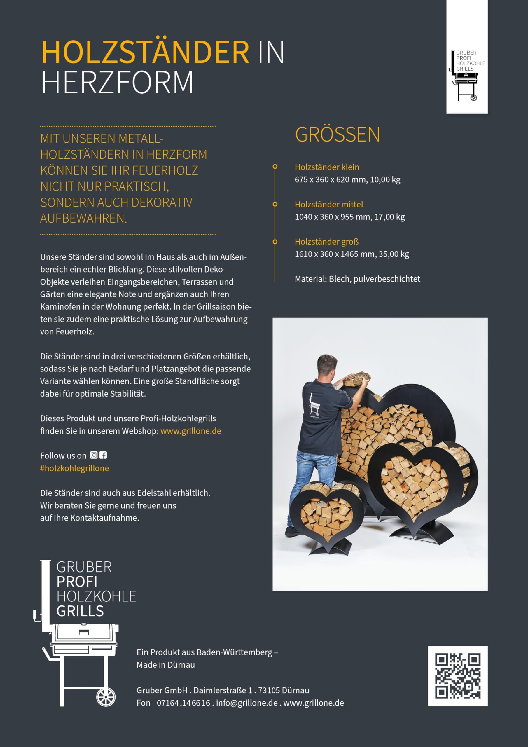 Gruber, Herz-Holzständer, schwarz, Dekoratives Kaminholzregal aus pulverbeschichtetem Stahl, stilvolles Brennholzregal für Innen- und Außenbereiche, 36 x 67 x 62 cm, ohne Holz geliefert