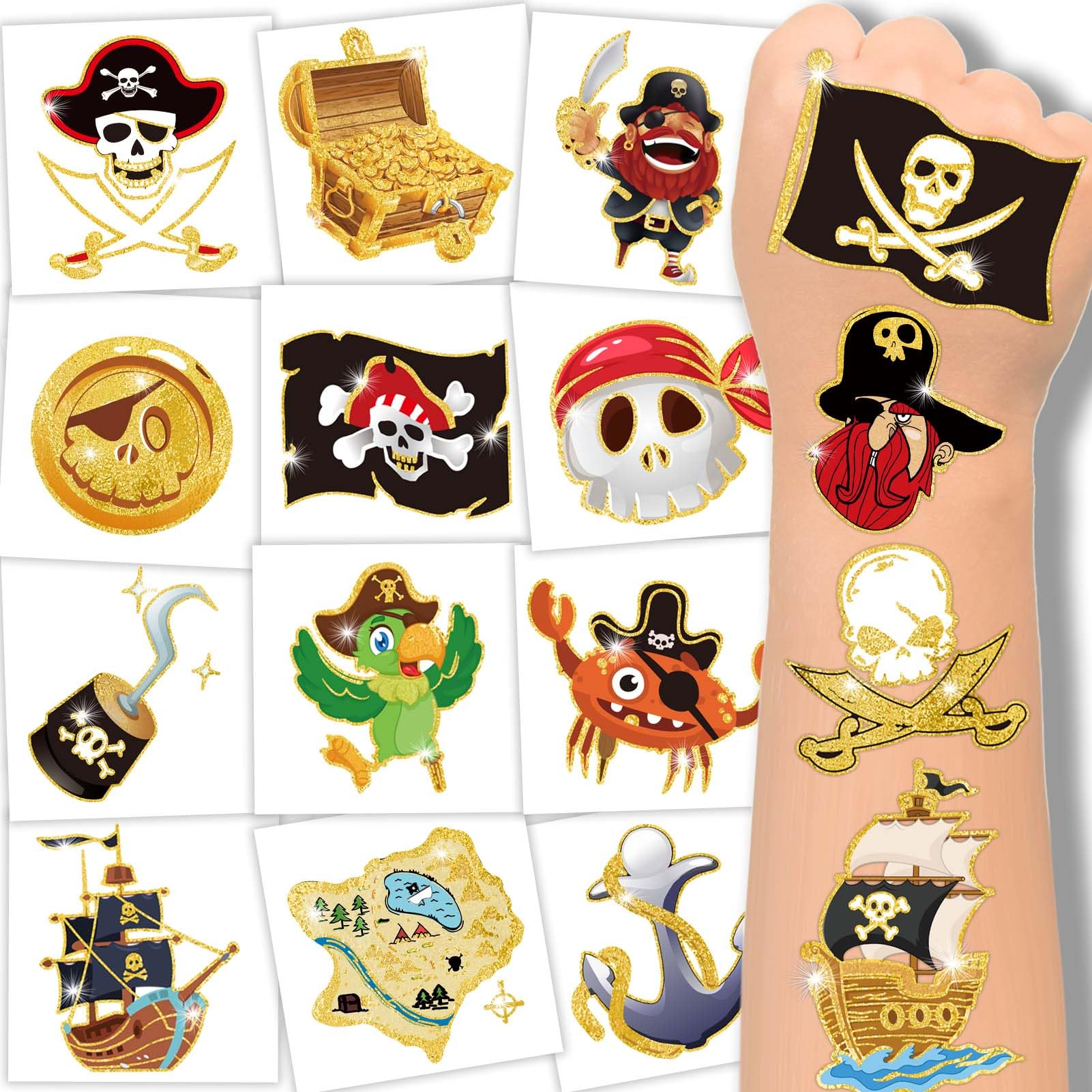 winthrop 240 Pcs Bulk Pirate Glitter Temporary Tattoos, Flash Gold Individually Wrapped Waterproof Safety Tattoos, Best Choice for Pirate Party Makeup, 60 Different Designs Pirate Ships Glitter Pirate
