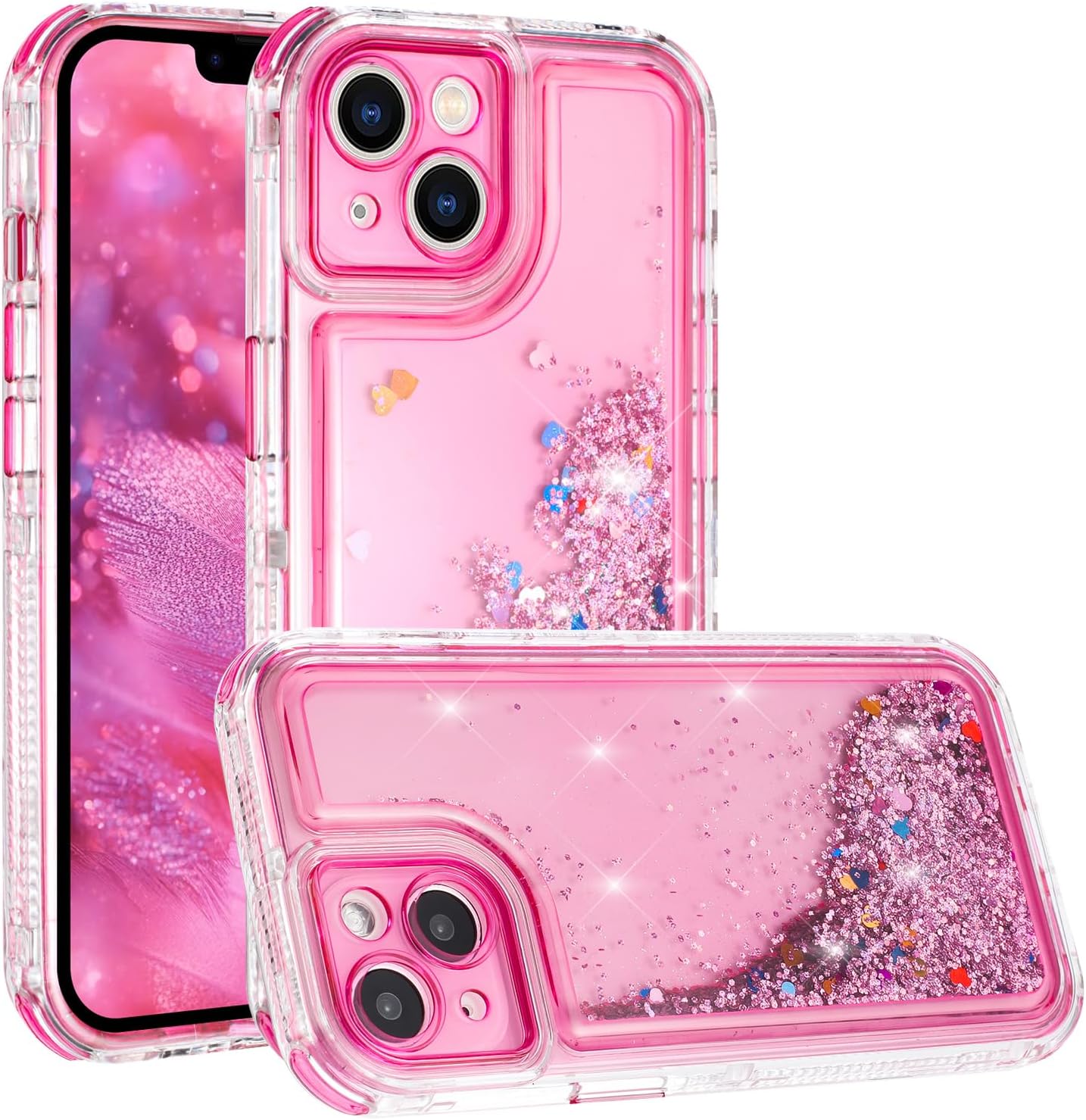 Tikoo Designed for iPhone 13/14 Case Glitter for Women Girl Clear 3-in-1 Heavy Duty Protective Phone Cover with Floating Liquid Quicksand Bling Sparkly Cute Case for iPhone 13/14 (Pink)