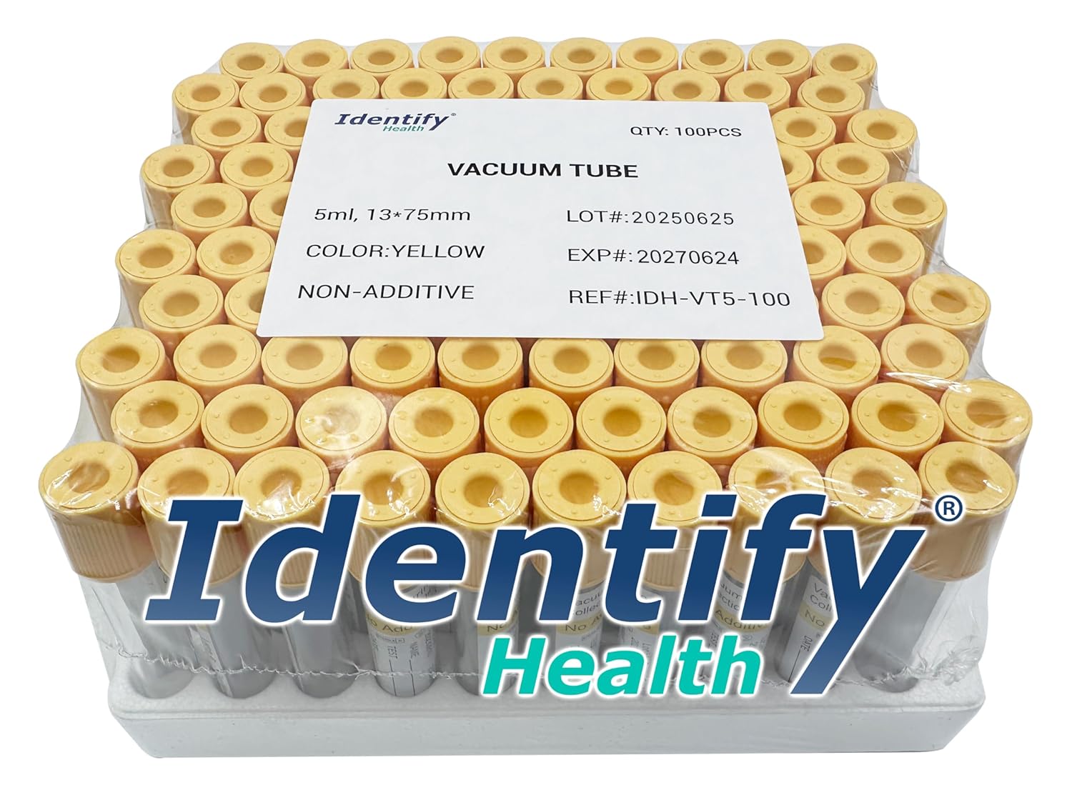 Identify Health Vacuum Urine Specimen Tubes | 500 Pack | 5 ML Non-Additive Urine Collection Yellow Cap, Sterile 13x75 MM
