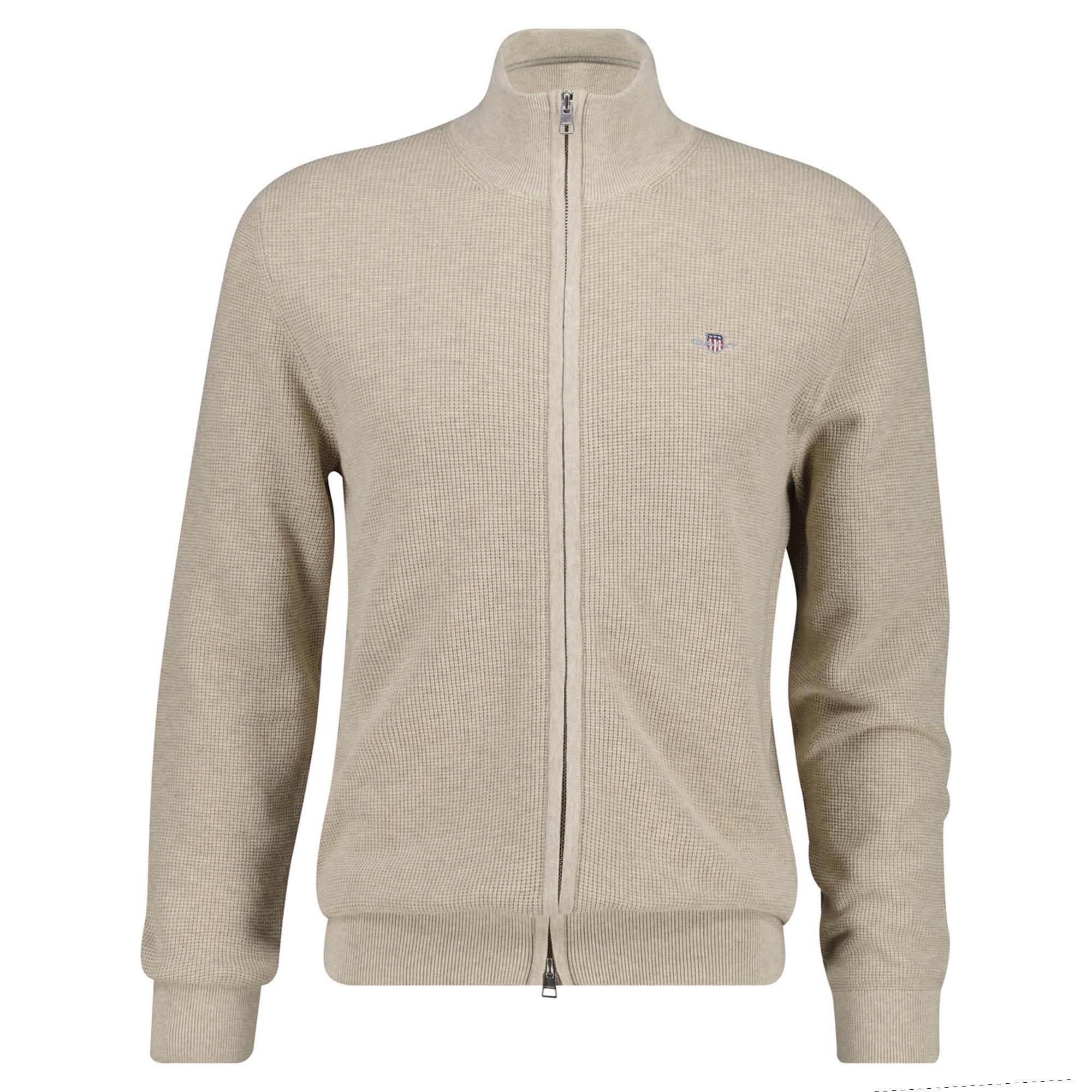 Gant Men's Oat Melange Micro Textured Cotton Zip Cardigan Sweater, Xl