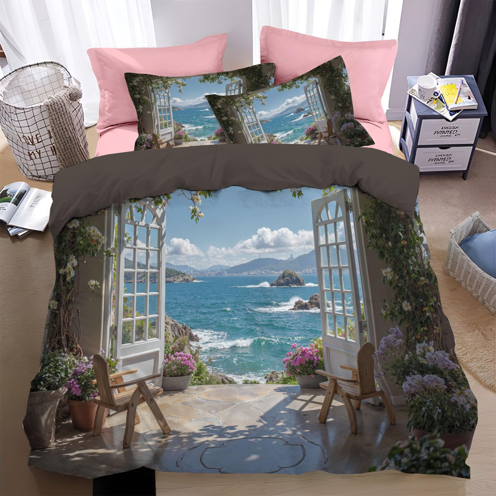 Linge de lit 2 personnes housse de couette 140x200 paysager bleu et or
