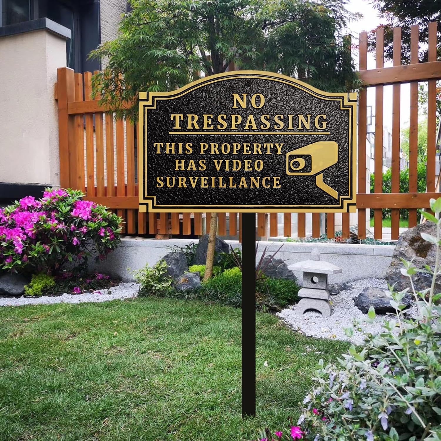 No Trespassing - This Property Has Video Surveillance,Home Security Camera Sign with Stakes, Heavy Duty Material, Embossed Letters, 11.5"×7.5” with 31.5" Post and Upgraded Stainless Screws
