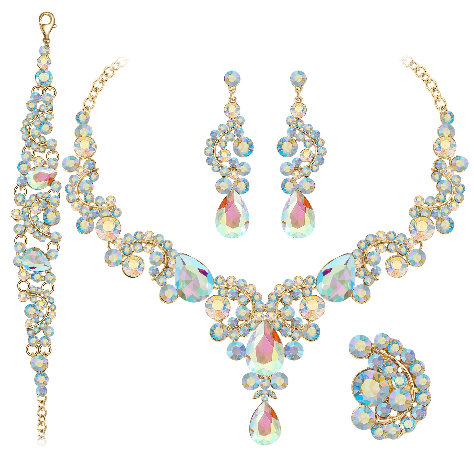 Paxuan Crystal Bridal Wedding Jewelry Sets for Women Rhinestone Teardrop Crystal Statement Choker Necklace Drop Earrings Link Bracelets Rings Teardrop Jewelry Set for Brides Bridesmaids