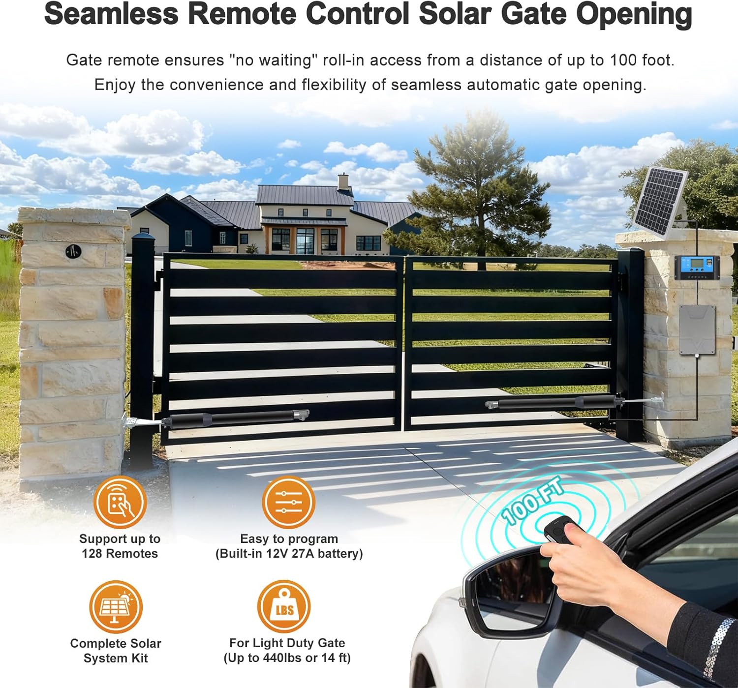 C01-L Solar Gate Openers with Batteries & Solar Panel for Dual Swing Gate Up to 14ft Long or 440lb Per Arm, Automatic Gate Openers for Driveway Dual Swing Gate with Long-Range Gate Opener Remote