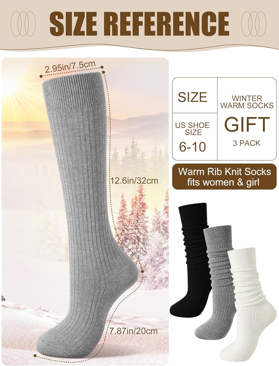 Shihanee 3 Pairs Winter Women Knee High Socks Long Ribbed Knit Slouchy Boot Socks Warm Gifts for Women Girls - Image 4