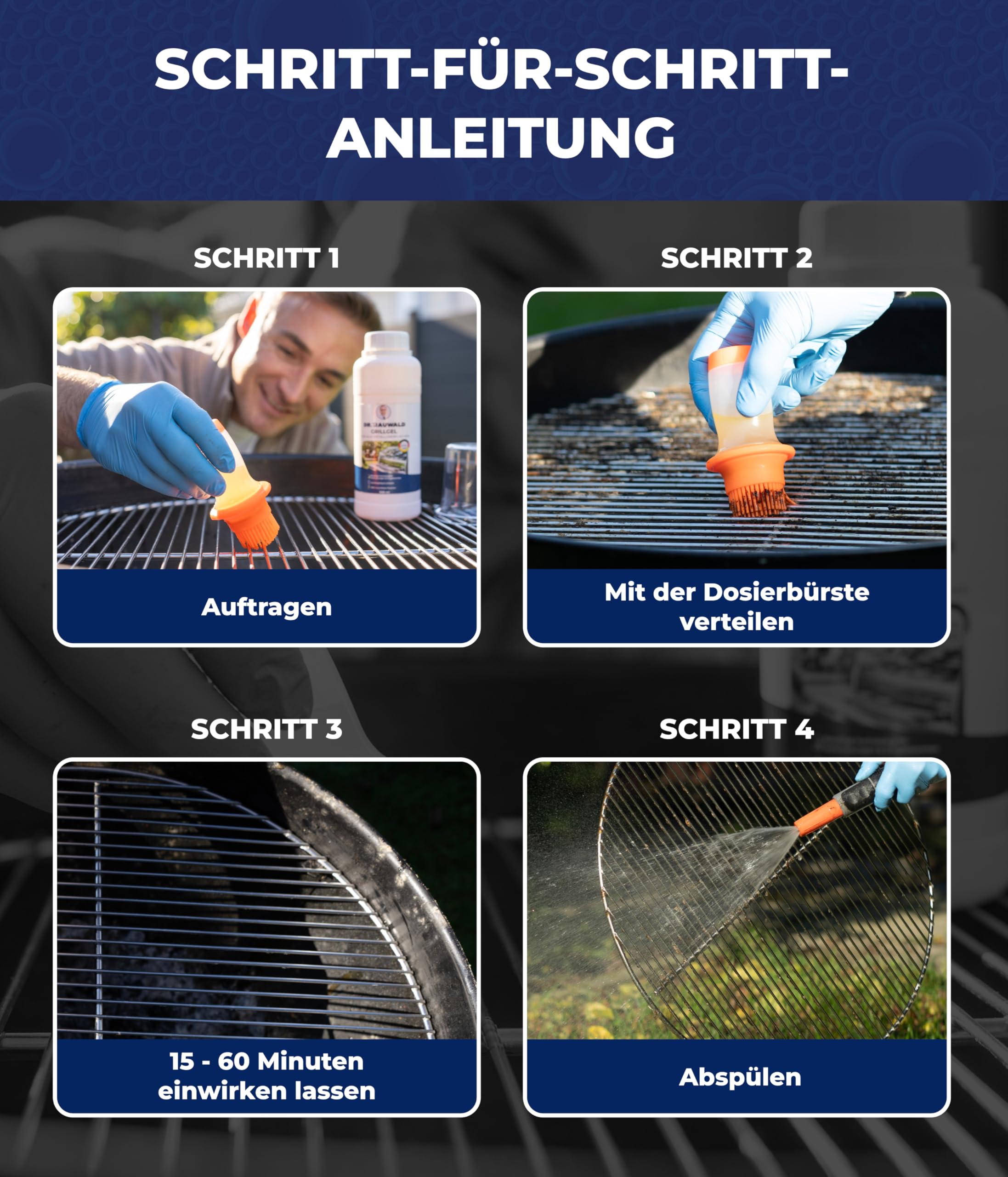 Charlott Dr. Rauwald Grillreiniger Gel 500ml Set mit Tank-Pinsel & Handschuhen | Haftendes Aktiv-Gel für Edelstahl & Gusseisen. Löst Eingebranntes. 4-tlg. Set inkl. Tank-Pinsel, Brille & Handschuhen.