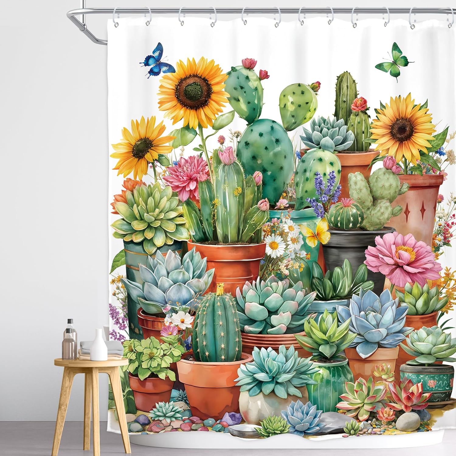 Homewelle Succulent Plants Shower Curtain Colorful Floral Flower Leaves Botanical Cactus Sunflower Butterfly Natural Elegance 60Wx72H Inch Modern Waterproof Polyester Fabric Bathroom Bathtub