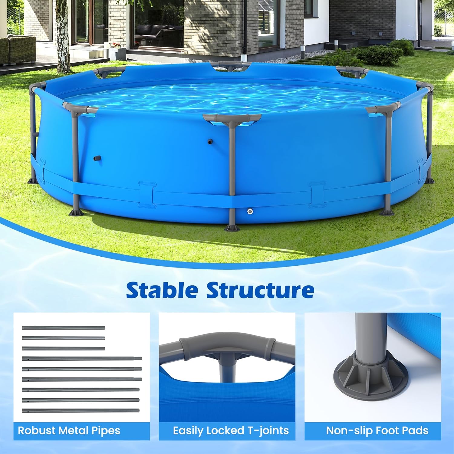 GYMAX 10ft x 30in Metal Frame Above Ground Swimming Pool, Outdoor Backyard Famliy Pool Set with Puncture-Resistant Fabric, Drainage Valve Connector for Kids & Adults (10' x 30", Round, Blue)