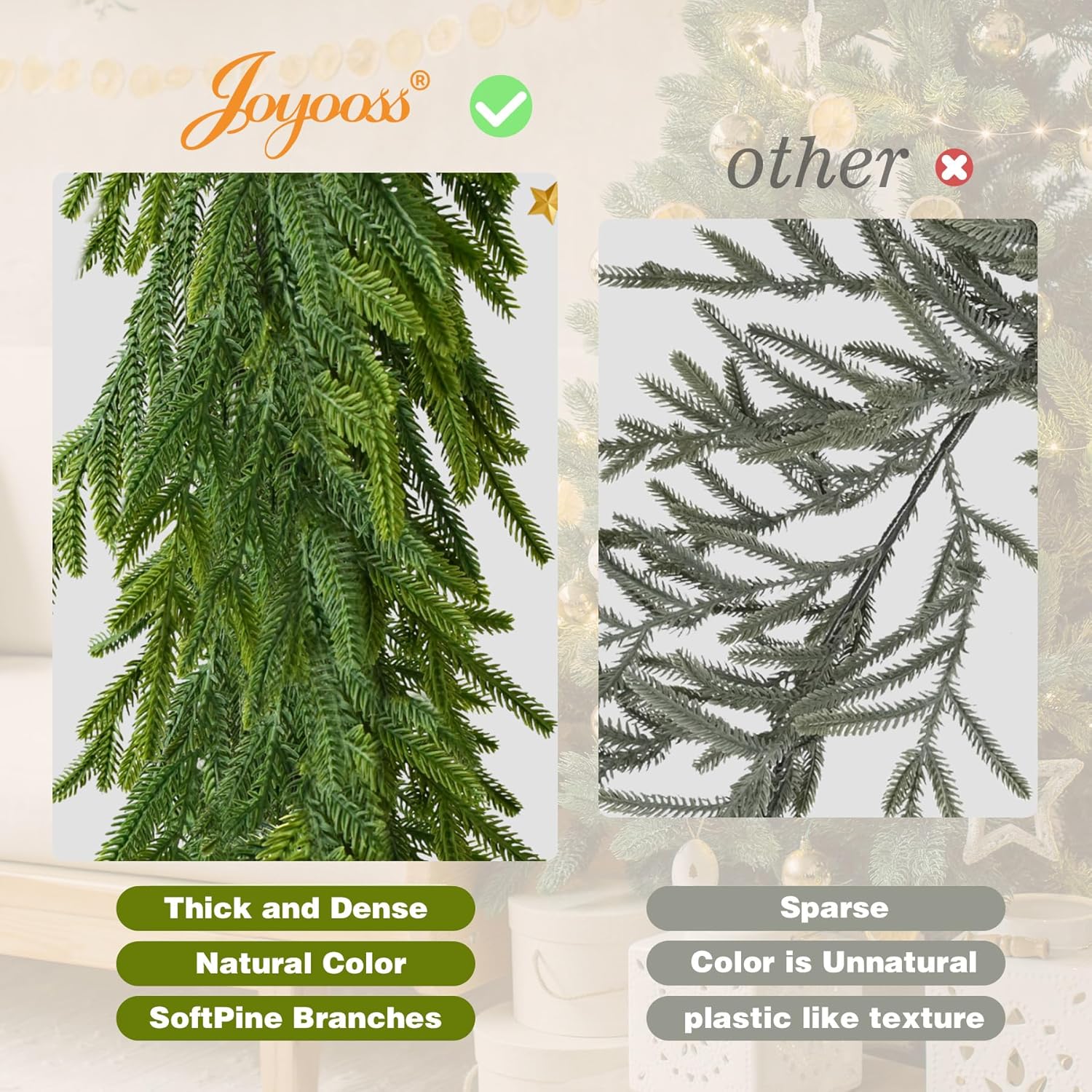 6FT Christmas Garland Norfolk Pine Garland Real Touch Faux Greenery Cedar Garlands for Mantle,Table,Wall,Christmas Decorations Indoor Outdoor - Image 8