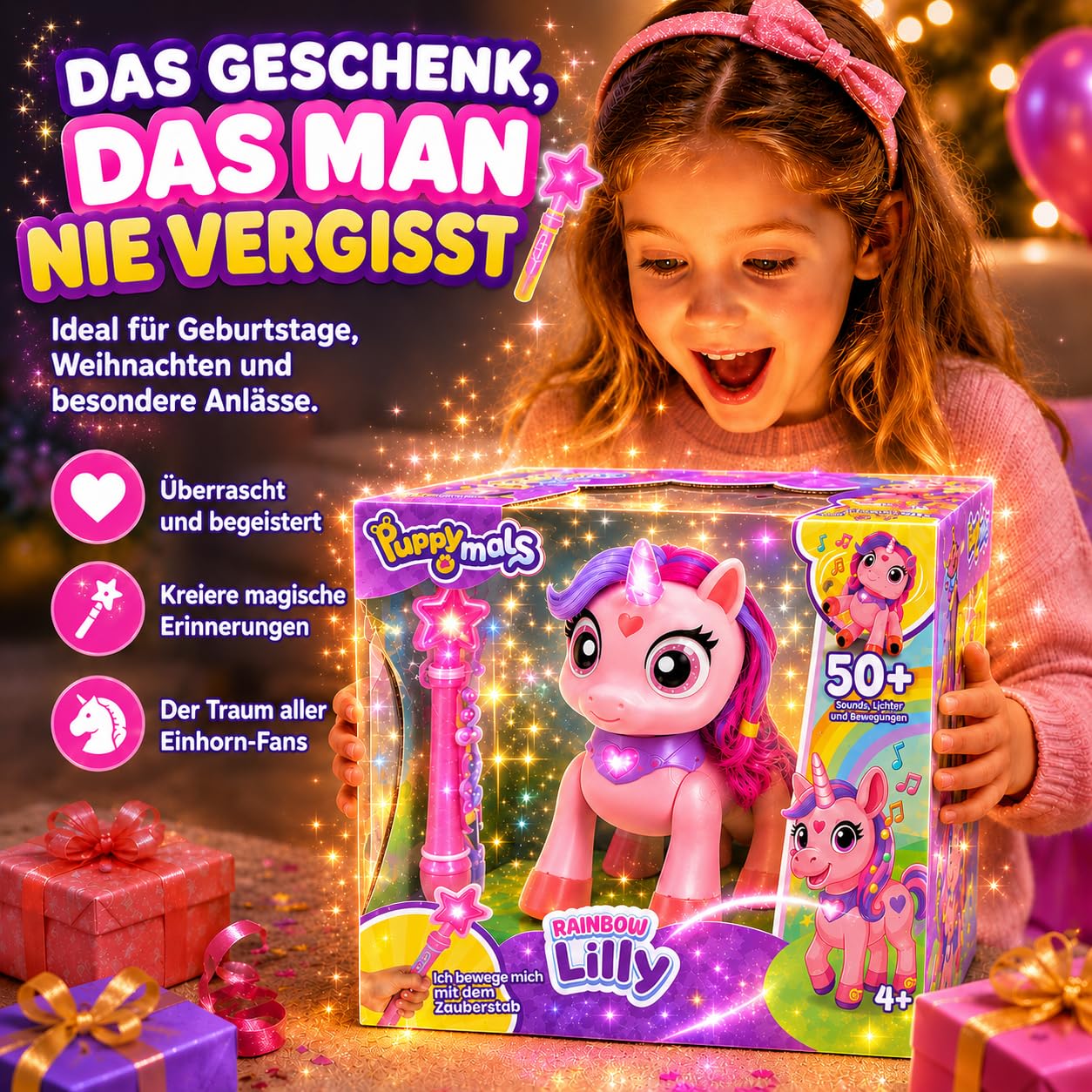 Regenbogen Einhorn Rainbow Lilly | Ferngesteuertes Einhorn mit Zauberstab | Interaktives Einhorns mit Licht, Sound und Bewegung