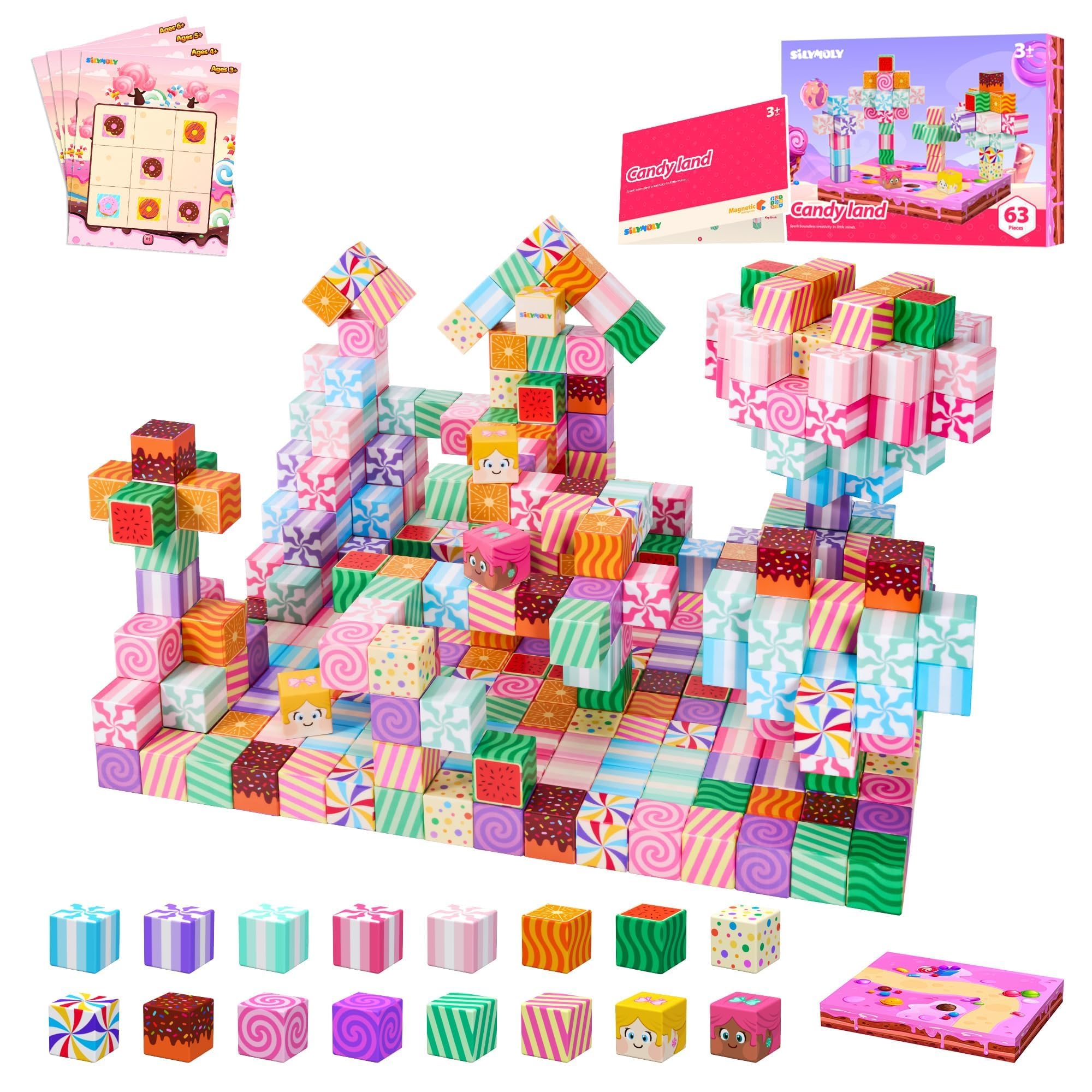 SILYMOLY Magnetic Blocks Candy Land Edition, Magnetic Tiles Building Blocks Boys & Girls Toys Age 3-5 4-8 5-7 Sensory Gift for Kids，Magnets Cubes，