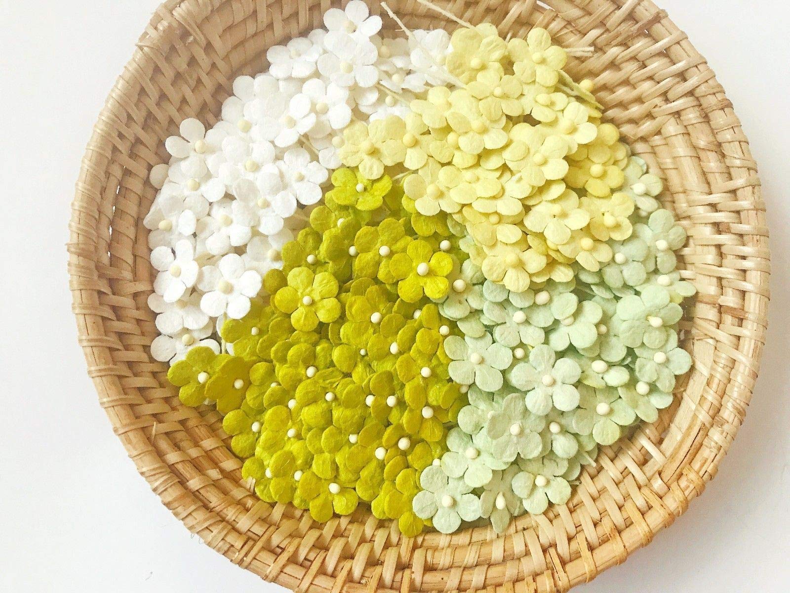 TH 50 Tiny Mixed Green1 Flowers Embellishment with Thread stem 10 mm Mulberry Paper Flowers Tiny Size Craft Supplies Scrap Booking Embellishments for so Many Card Craft Projects