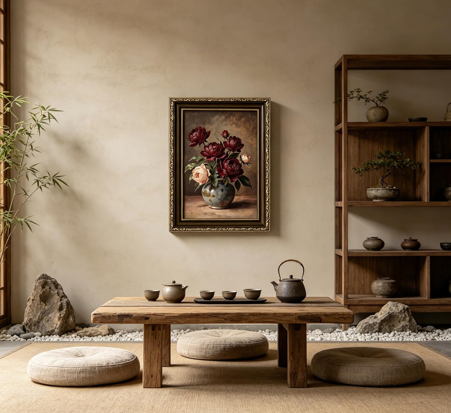 Vintage Gold Framed Wall Art, Moody Burgundy and Blush Peony Still Life Oil Painting, Dark Floral Decor for Living Room, Bedroom, Ready to Hang