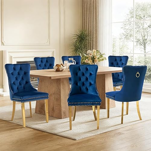 Miniatura 13 de Juego de 6 sillas de comedor de cuero, sillas laterales con respaldo alto, silla lateral tapizada moderna con anillo trasero de botón, patas de negro