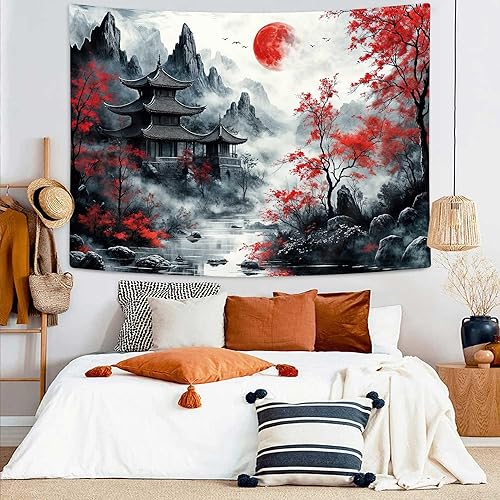 Miniatura 6 de Tapiz de anime japonés negro y rojo, tapiz de bosque de montaña con flor de cerezo para colgar en la pared, tapiz de paisaje de naturaleza asiática
