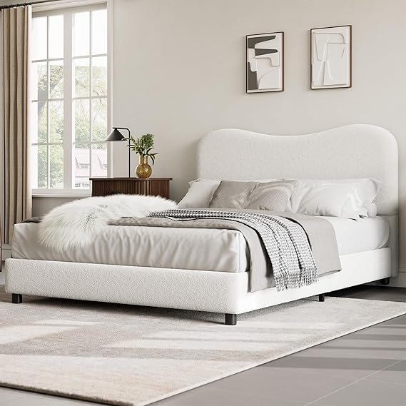 GarveeHome Full Size Bed Frame for Kids with Velvet Upholstered Headboard, Cute Low Profile Platform Bed for Girls and Boys, No Box Spring Needed, Strong Wooden Slats, Noise Free, Easy Assembly, White