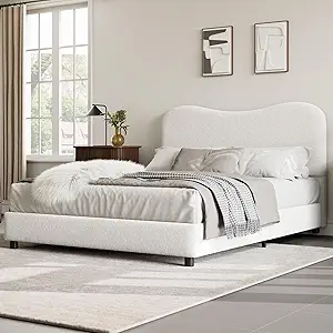 GarveeHome Full Size Bed Frame for Kids with Velvet Upholstered Headboard, Cute Low Profile Platform Bed for Girls and Boys, No Box Spring Needed, Strong Wooden Slats, Noise Free, Easy Assembly, White