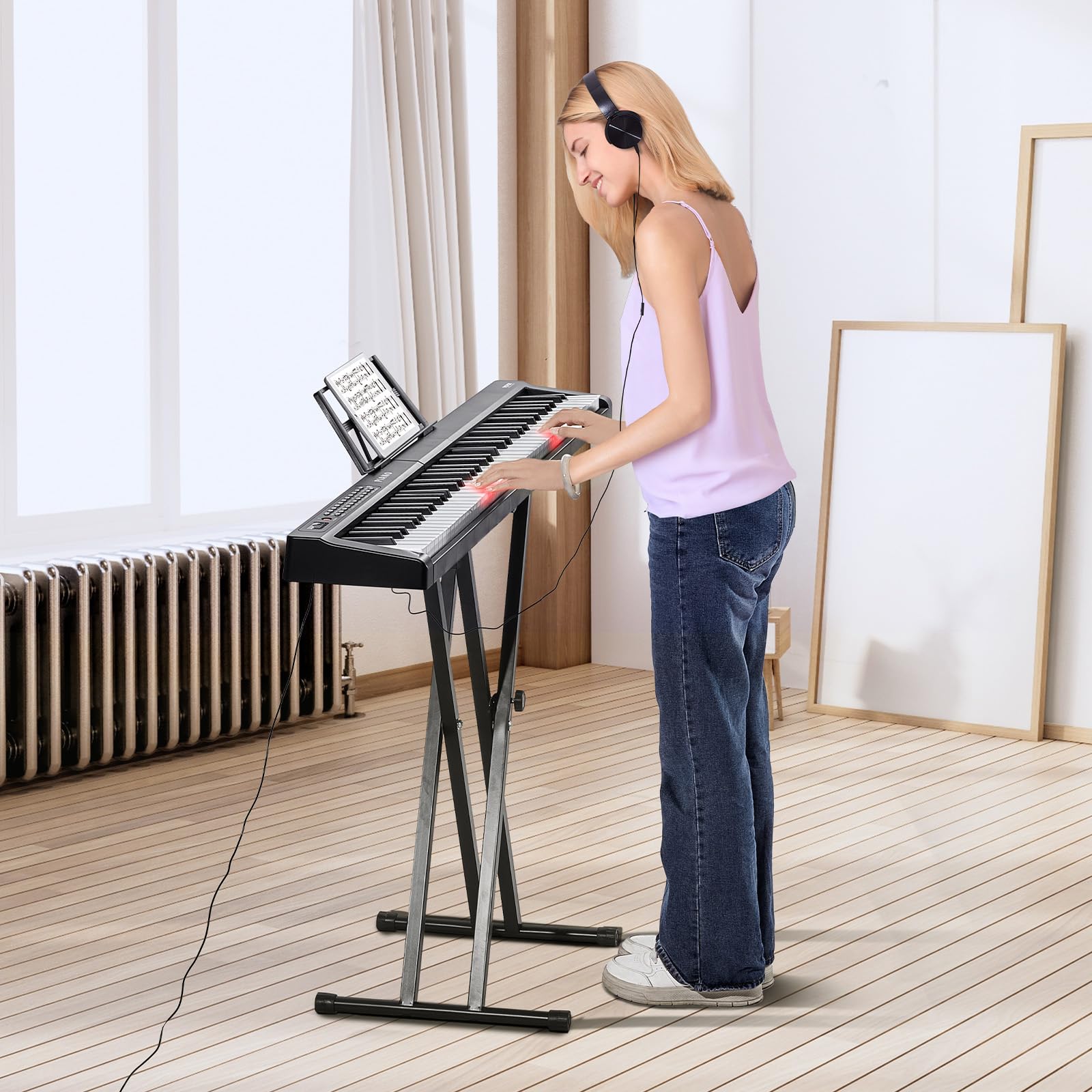 VEVOR Digitales Klavier mit 88 Tasten, halbgewichtete Tasten, Klavierset mit verstellbarem Ständer, integrierten Lautsprechern, Sustain-Pedal, Kopfhörern, Bluetooth, MIDI, USB für Anfänger