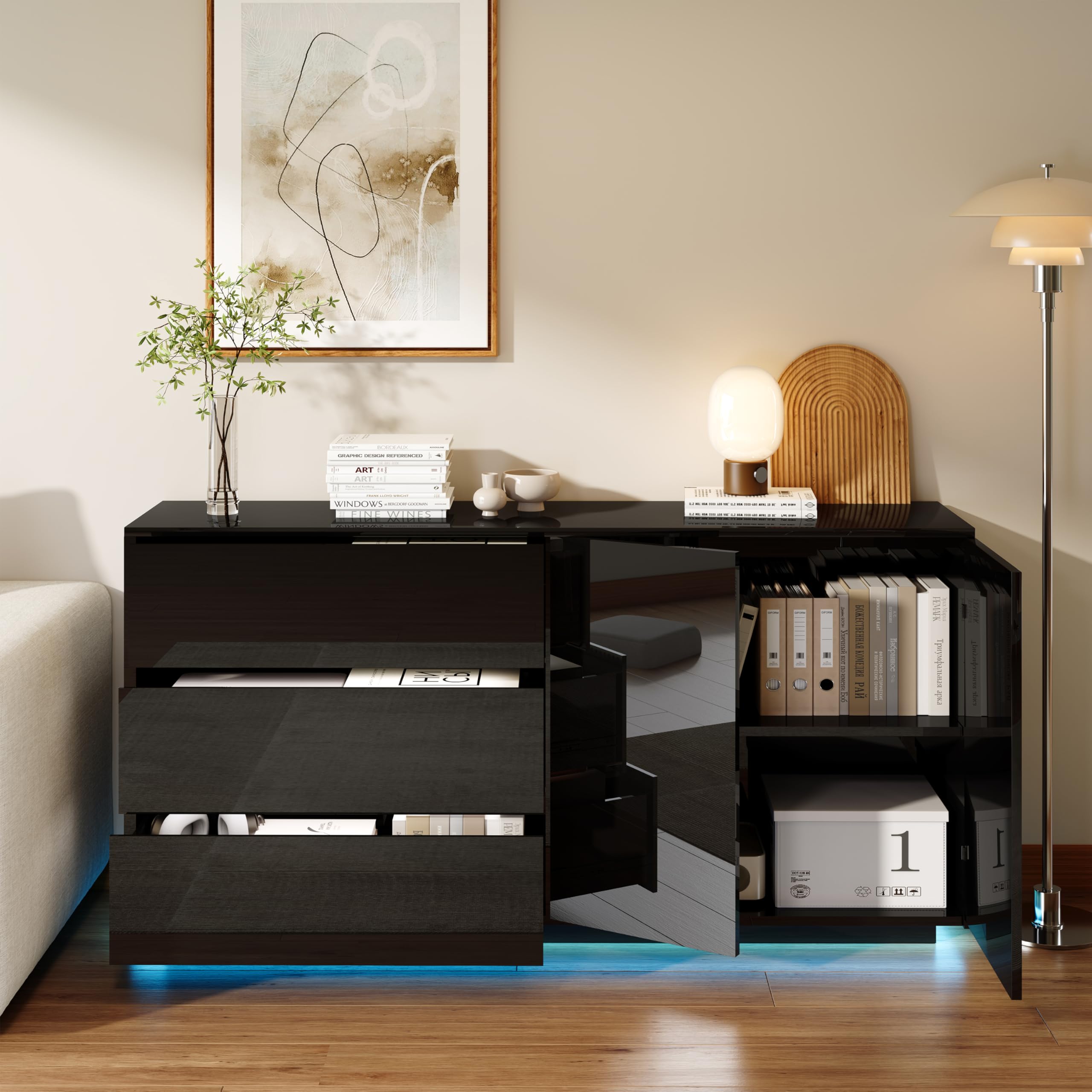 Buffet de Salon Moderne 160x35x76 cm avec LED, Meuble de Rangement avec 3 Tiroirs et 2 Portes, Buffet Brillant Moderne Commode Salon Brillant Buffet Salle à Manger et Cuisine (Noir-3, 160x35x76)