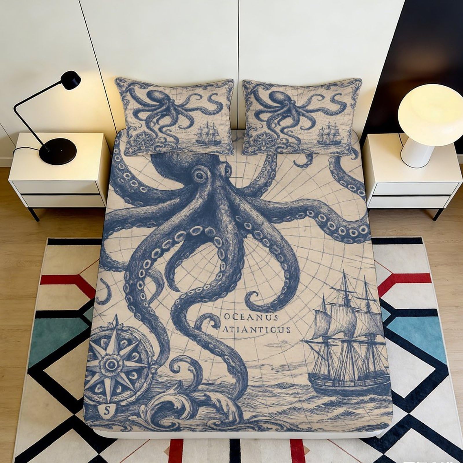 3D Printed Nautical Octopus Fitted Sheet Microfiber Durable Soft Ocean Map Bed Cover for Bedroom Dormitory Guest Room Mattress Protection Decor 200x200x25cm