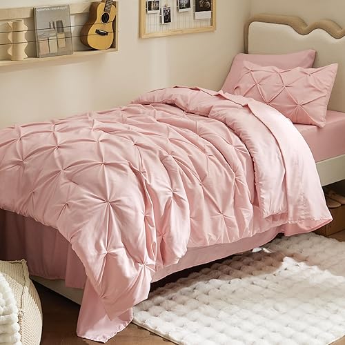 Miniatura 2 de BEDSURE Juego de edredón individual XL para niñas, juego de ropa de cama individual XL, 5 piezas, cama plisada rosa en una bolsa con edredones,