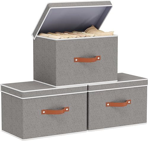 Miniatura 18 de Cesta de almacenamiento de tela con tapas, contenedores de almacenamiento plegables de lino, cajas organizadoras de armario con asas dobles, gris,