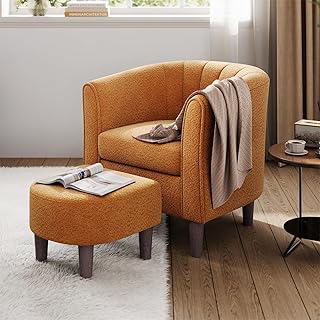 LINSY Accent Chair with Ottoman, Chenille Barrel Chair with Footstool, M...