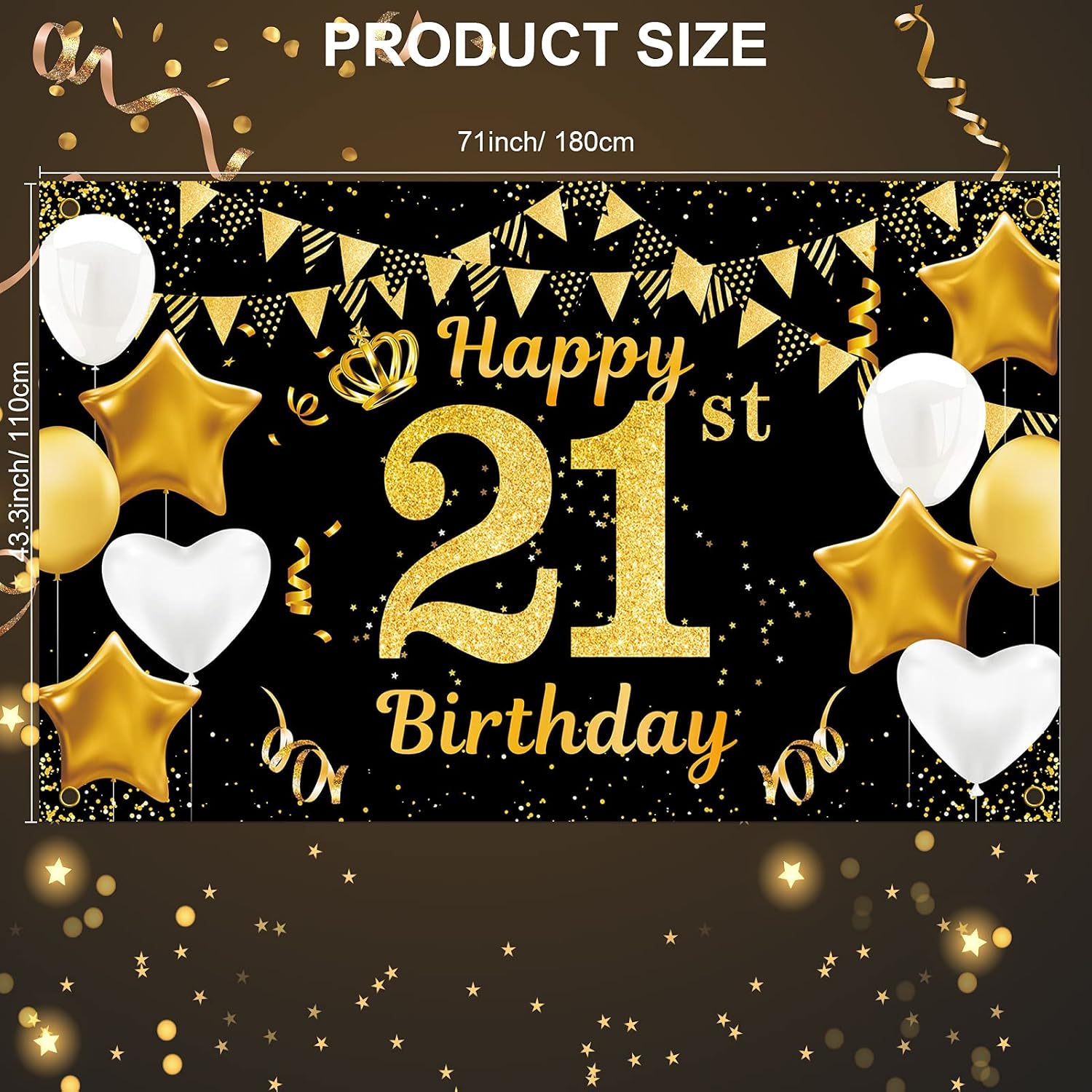 Qpout Extra Large 21st Birthday Backdrop, Legal Adult Happy Birthday Banner Black and Gold - Image 3