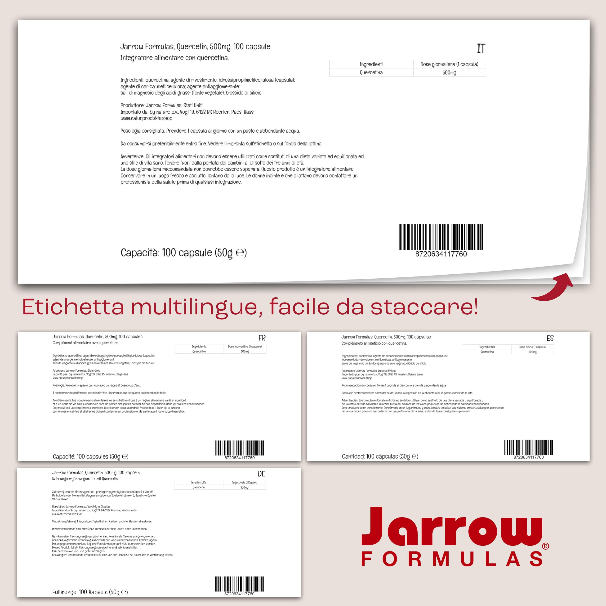 Jarrow Formulas, Quercetin, 500mg, 100 Capsule vegane, Testato in Laboratorio, Senza Soia, Senza Glutine, Vegetariano, Non OGM