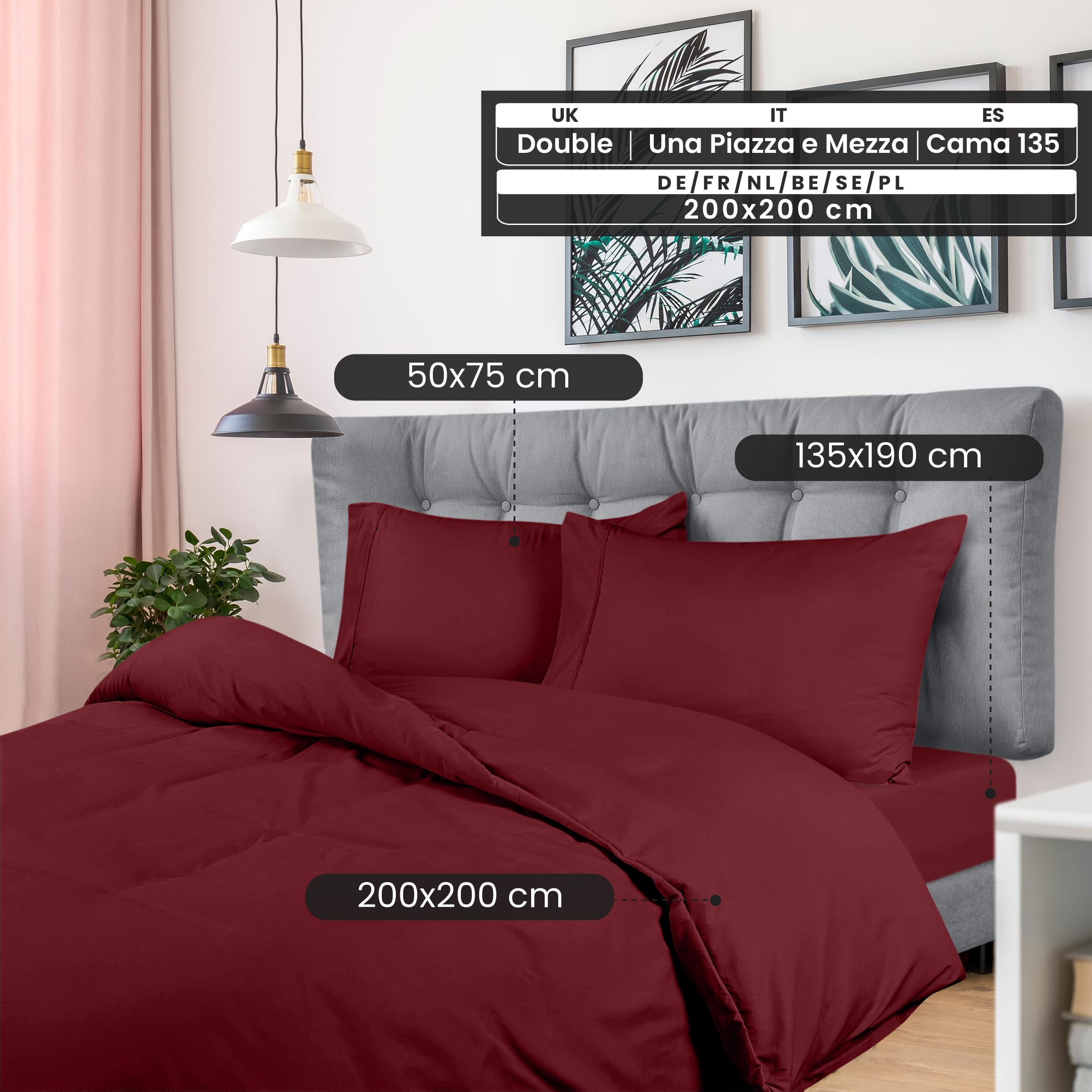 Utopia Bedding Set Copripiumino da 4 Pezzi - Copripiumino 200x200cm, Lenzuolo con Angoli 135x190cm, Federe 50x75cm - (Bordeaux, Matrimoniale)