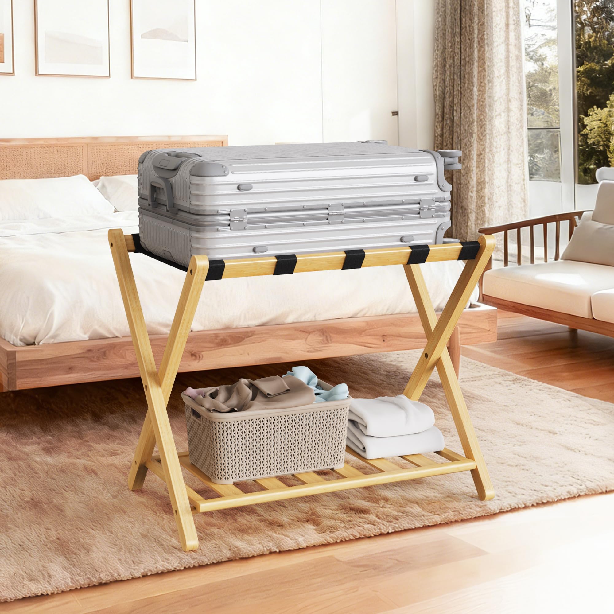 - Fully Assembled 26.77" Luggage Stand, Bedroom, Hotel - Natural Bamboo Suitcase Stand, Foldable with 2 Layers - Luggage Racks for Suitcases, up to 165 lbs