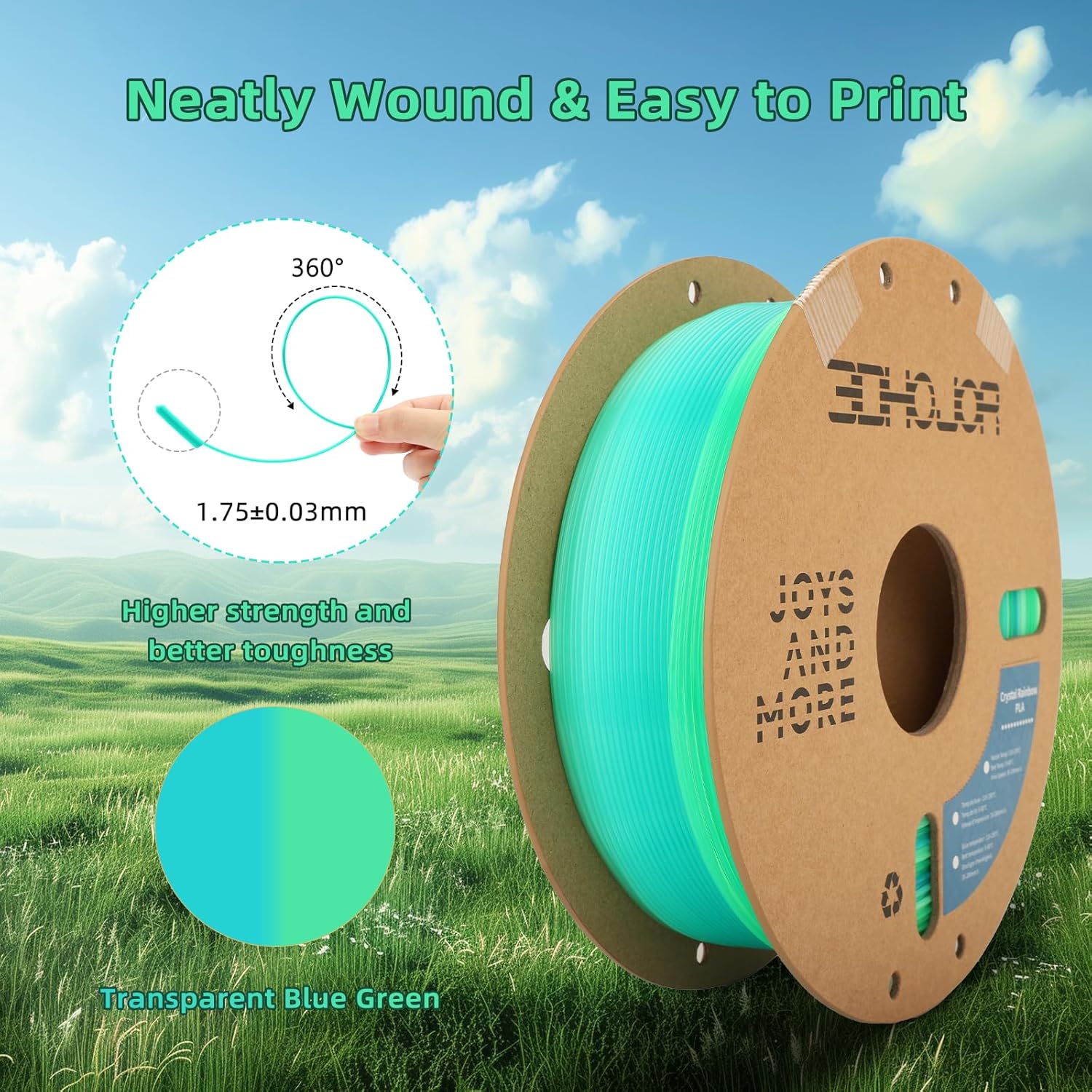 3DHoJor Transparent Multi Rainbow Color Gradient Change PLA 1.75mm 1KG 3D Printing Filament Crystal Rainbow PLA Clear PLA Filament with Cardboard Spool -Prairie