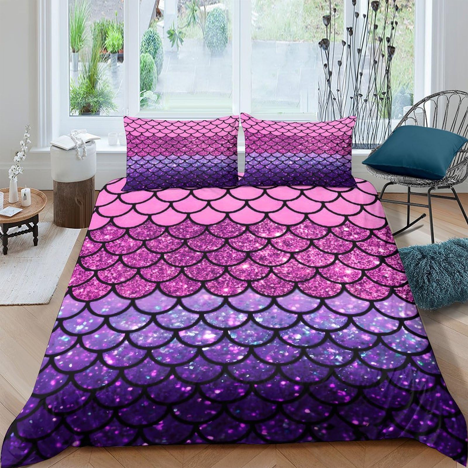 Ctjqhvkz Style-2 3D Printed Pink Mermaid Scales Fitted Sheet Microfiber Soft Purple Gradient Mattress Cover For Bedroom Dorm Mattress Protection Decor Single（135X200cm）
