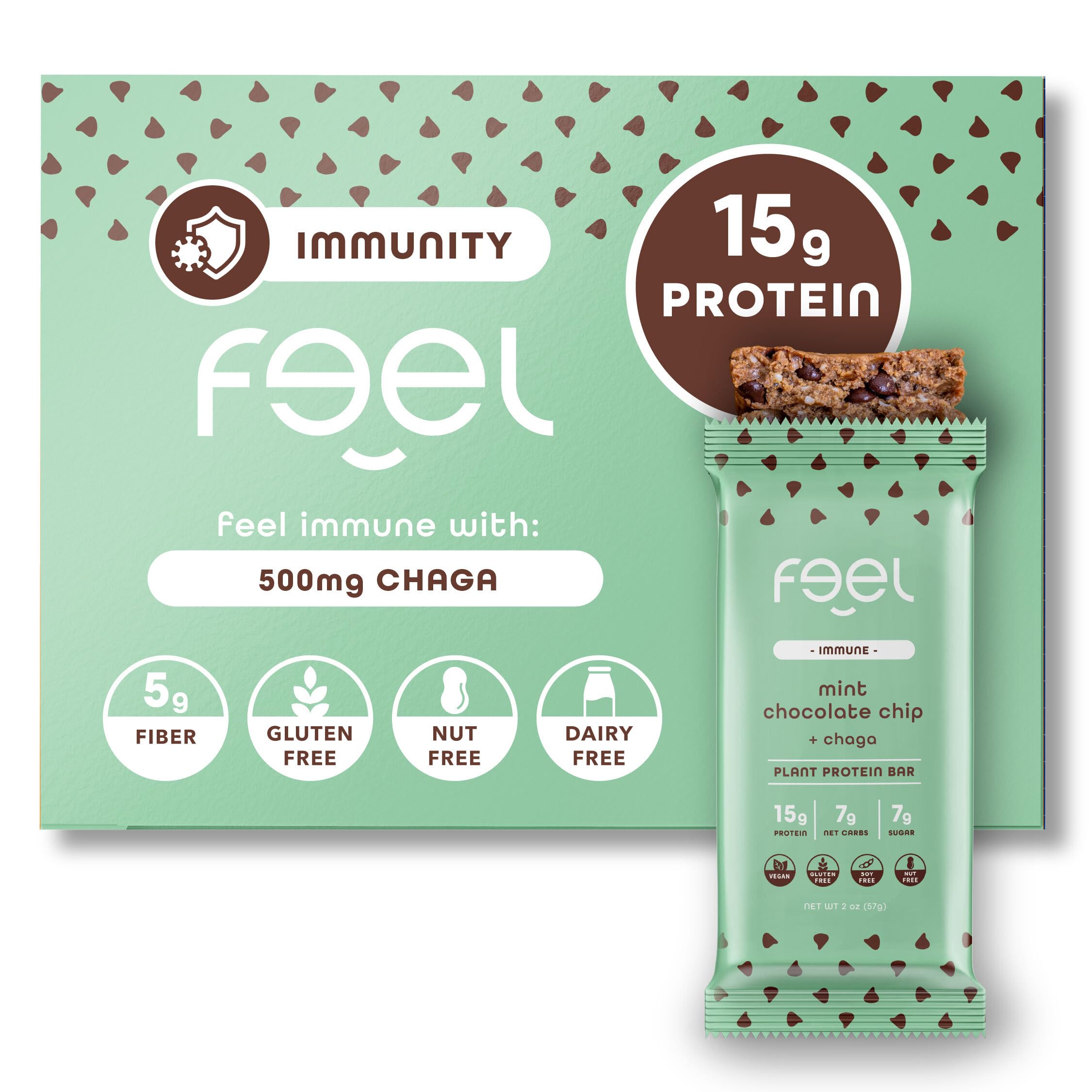 Feel Vegan Protein Bars, Mint Chocolate Chip, Keto, Gluten Free, Organic, Chaga Mushroom, 15g Plant Protein, Low Carb, High Protein, Dairy Free, Low Sugar, Grain Free, Nut Free, Soy Free
