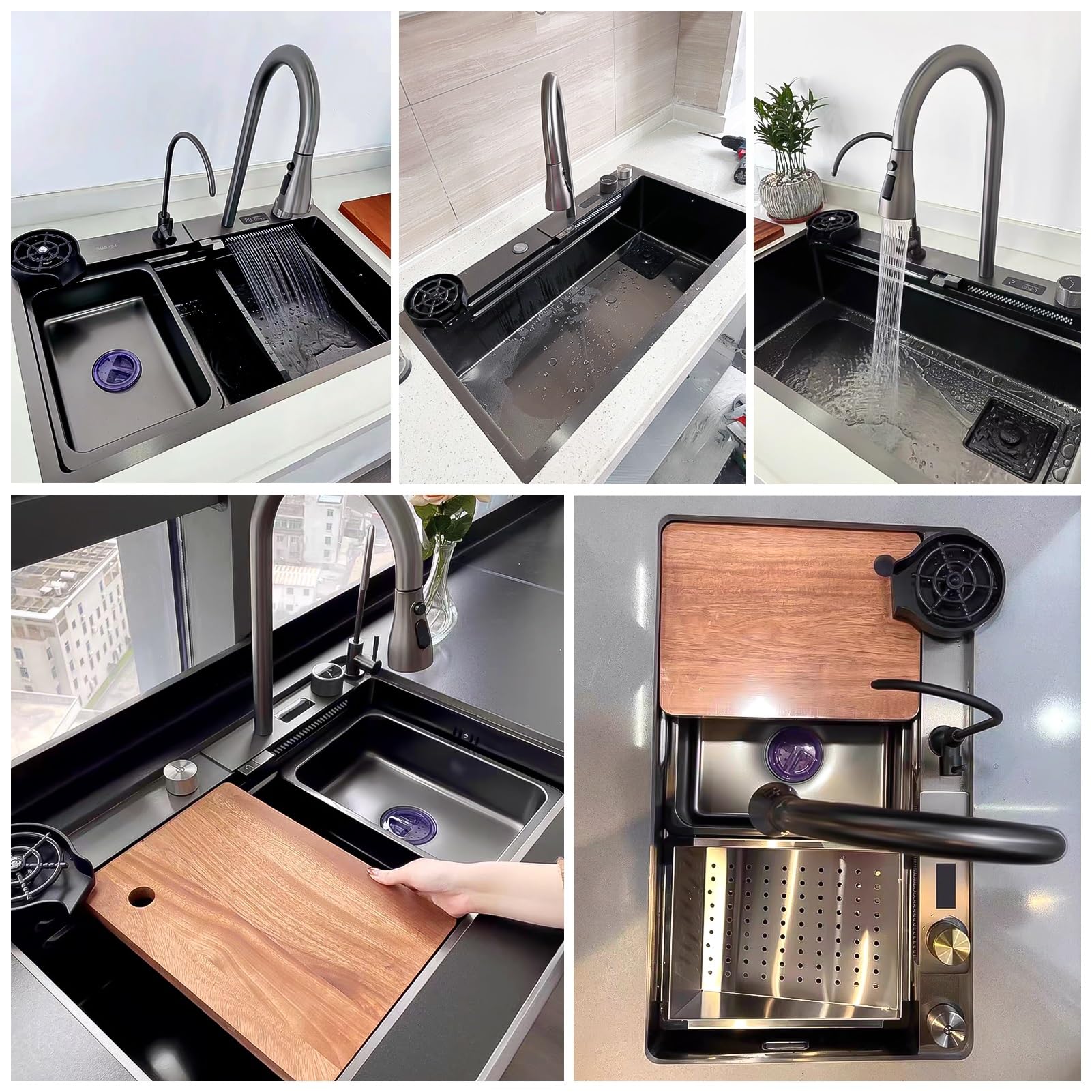 Fregadero de Cocina Grande con escurridor, Fregadero de un Solo Seno para encimera, para instalación empotrada, Acero Inoxidable, Incluye Kit de desagüe Completo (Negro, 75x45x22cm