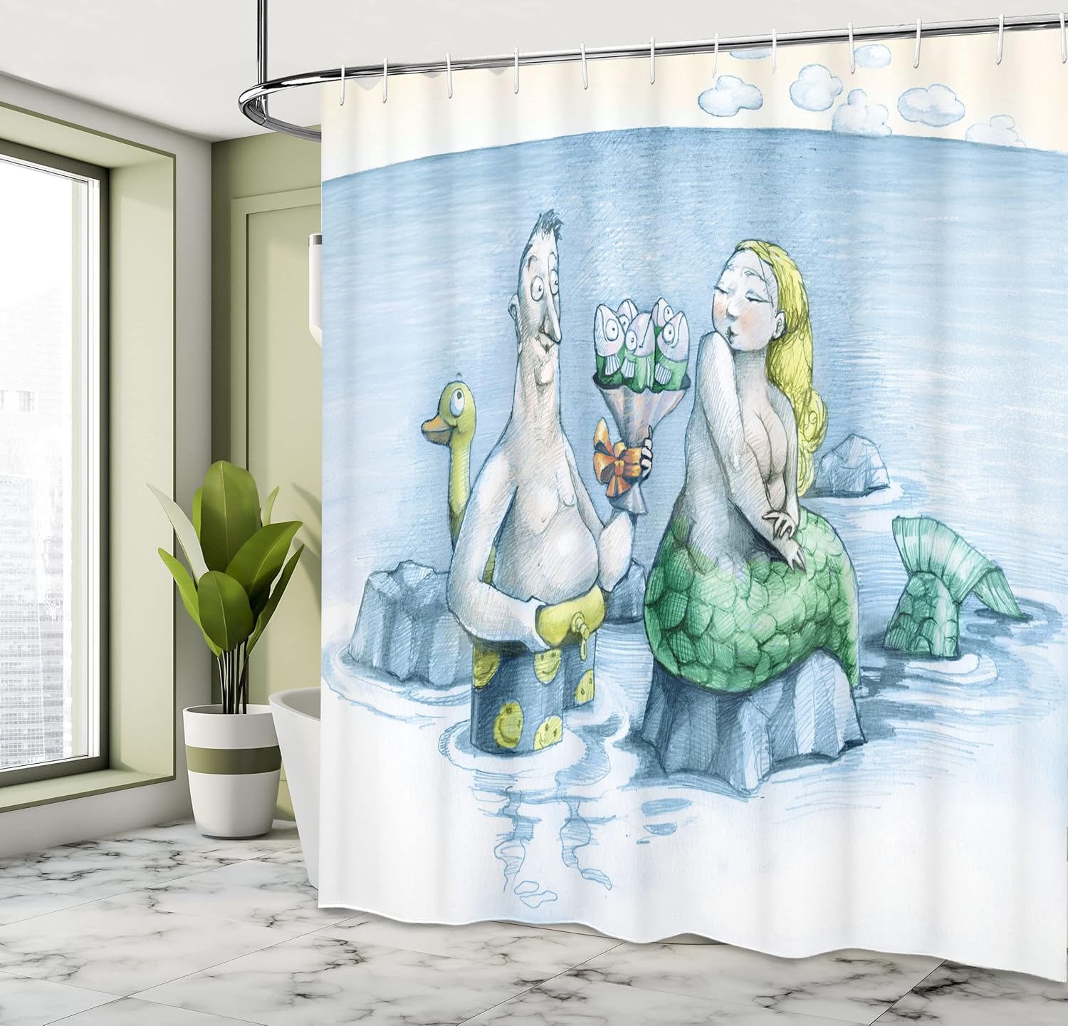 Ambesonne Underwater Shower Curtain, Funny Man Gives a Mischievous Mermaid a Bouquet of Flowers Made from Fish, Cloth Fabric Bathroom Decor Set with Hooks, 69" W x 70" L, Yellow Green