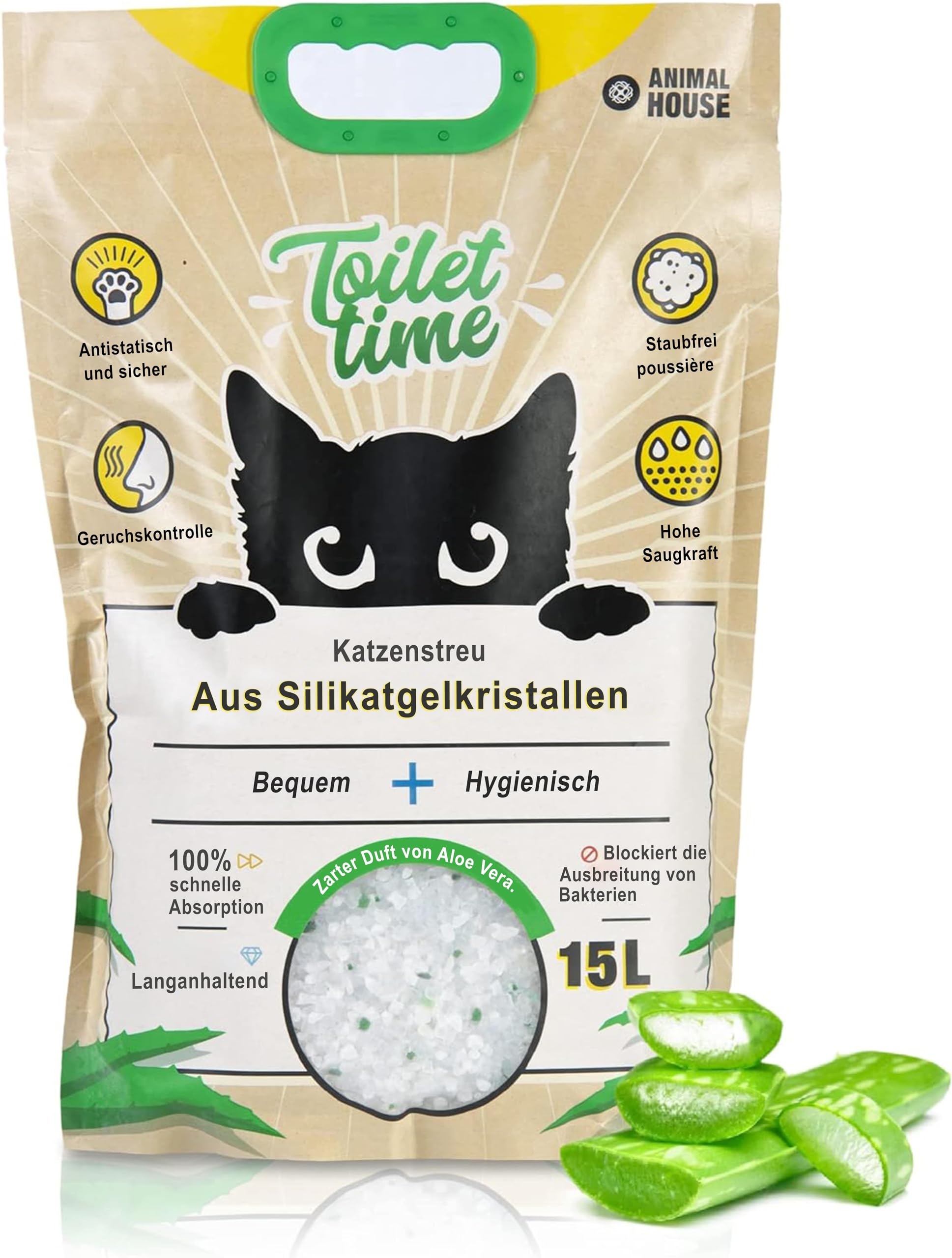 Animal House Toilet Time – Bandeja de Arena de Cristal de Silicona para Gatos – Antiestática y Segura – Libre de Polvo – Ultra Absorbente – Retiene los olores (15L, Aloe)