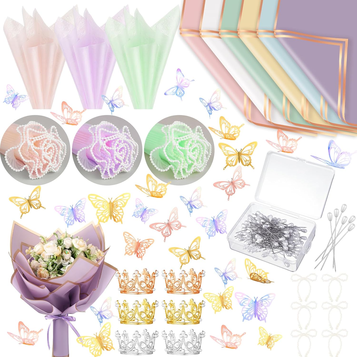 368 Pcs Wedding Birthday Anniversary Flower Bouquet Wrapping Paper Kit Flower Bouquet Accessories Flowers Supplies, 3D Butterfly Pin Ribbon Bow for Florist DIY Craft(Novel,Bright Color)